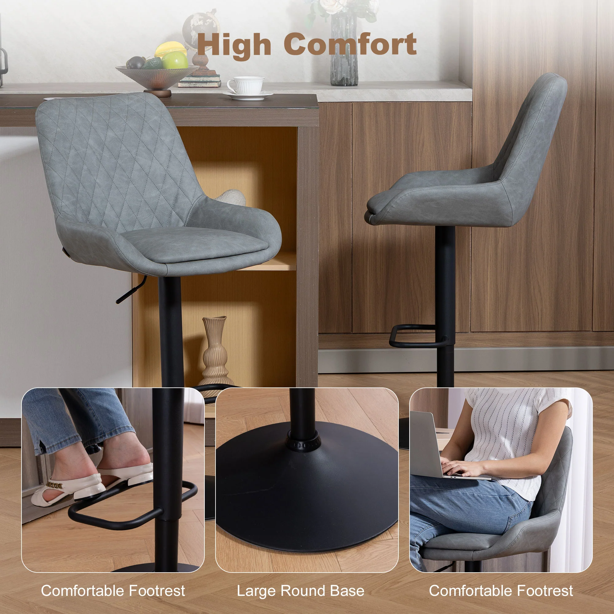 HOMCOM Bar Stools Set Of 2, Adjustable Bar Chairs Swivel Light Grey - Image 7