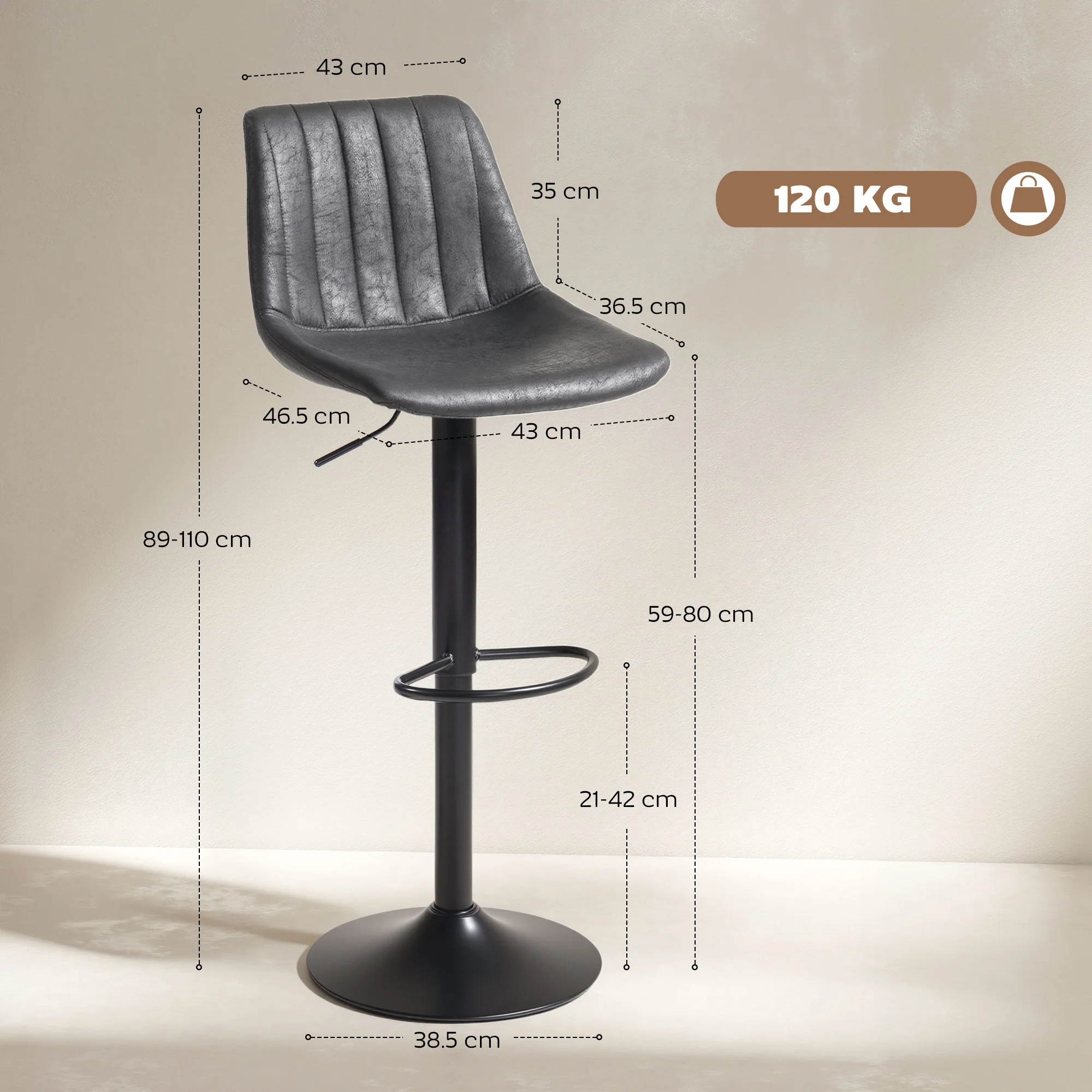 HOMCOM Bar Stools Set Of 2 Adjustable Swivel Bar Chairs With Backrest - Image 5