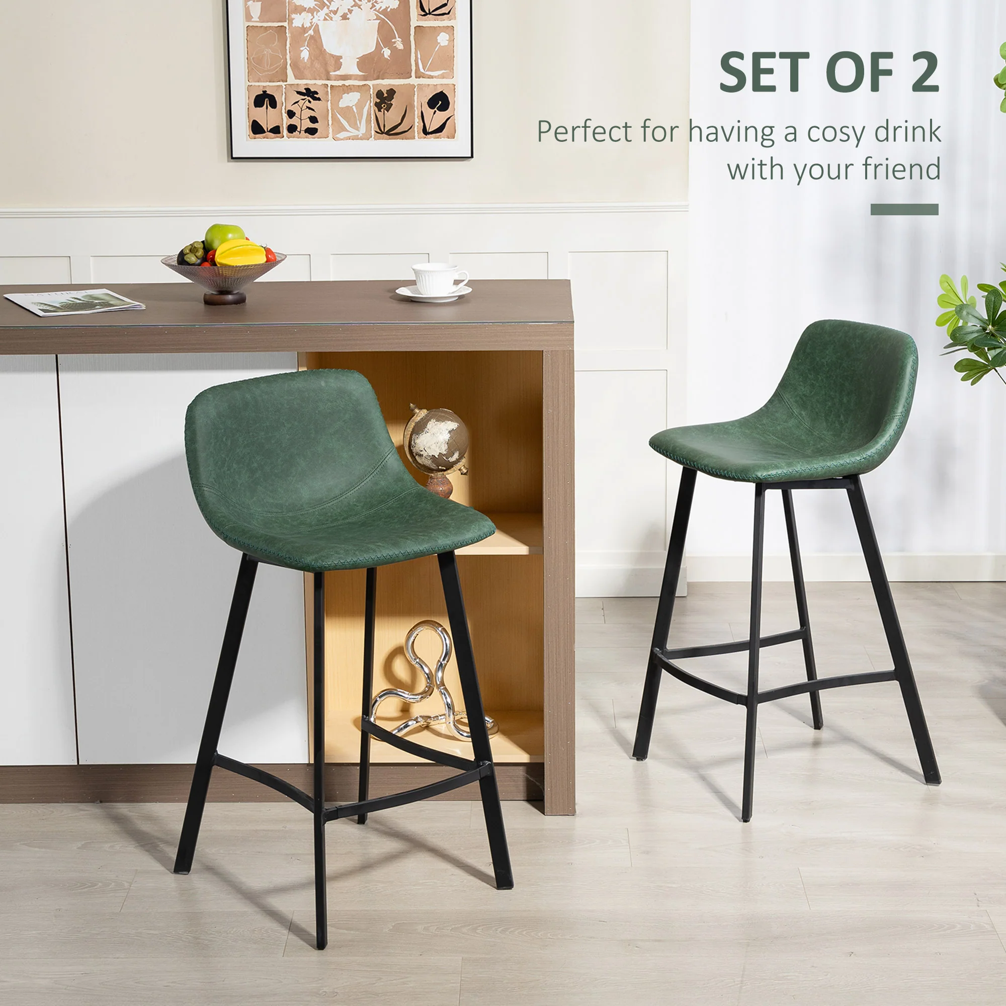 HOMCOM Bar Stools Set of 2, Bar Chairs with Back and Steel Legs, Green - Image 3