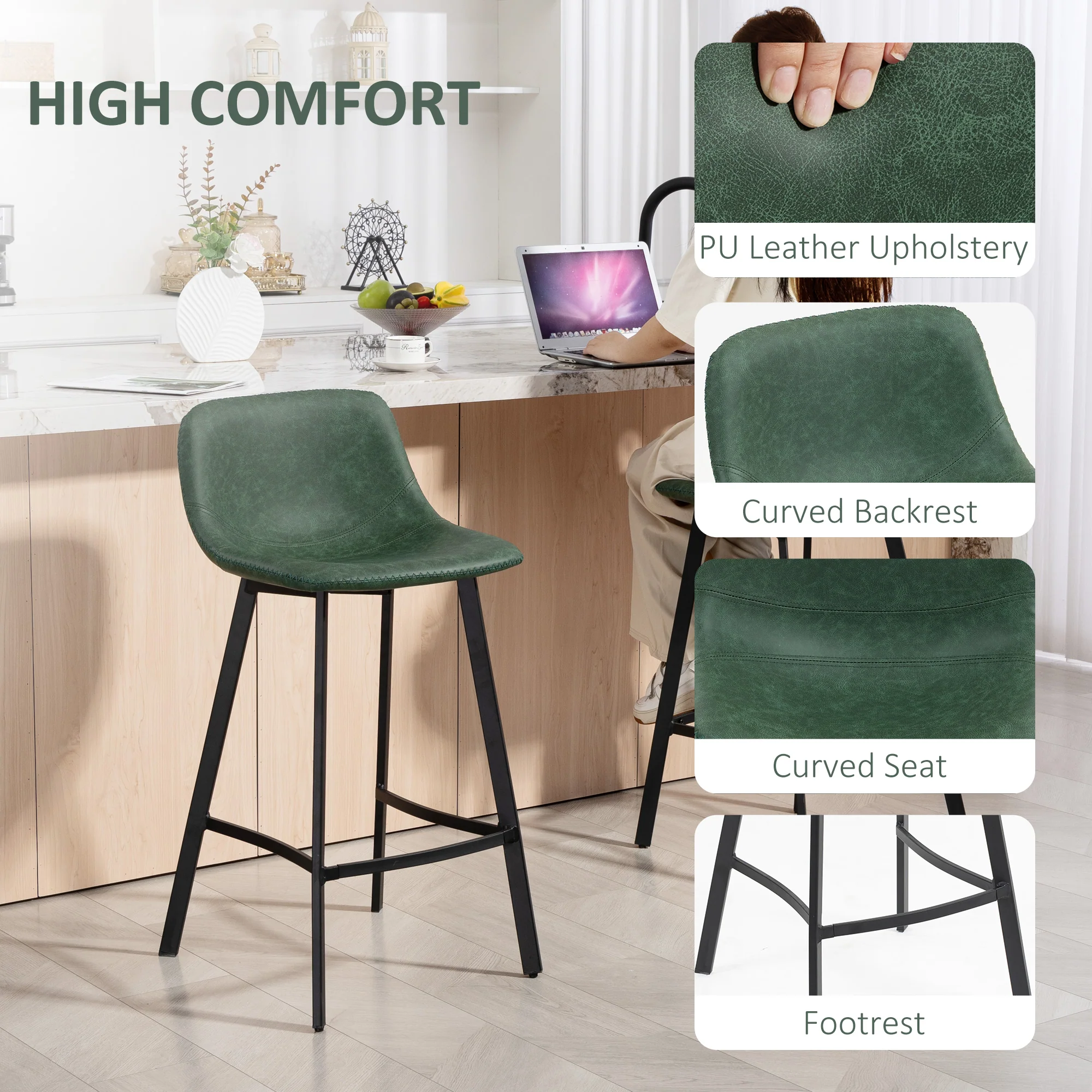 HOMCOM Bar Stools Set of 2, Bar Chairs with Back and Steel Legs, Green - Image 4