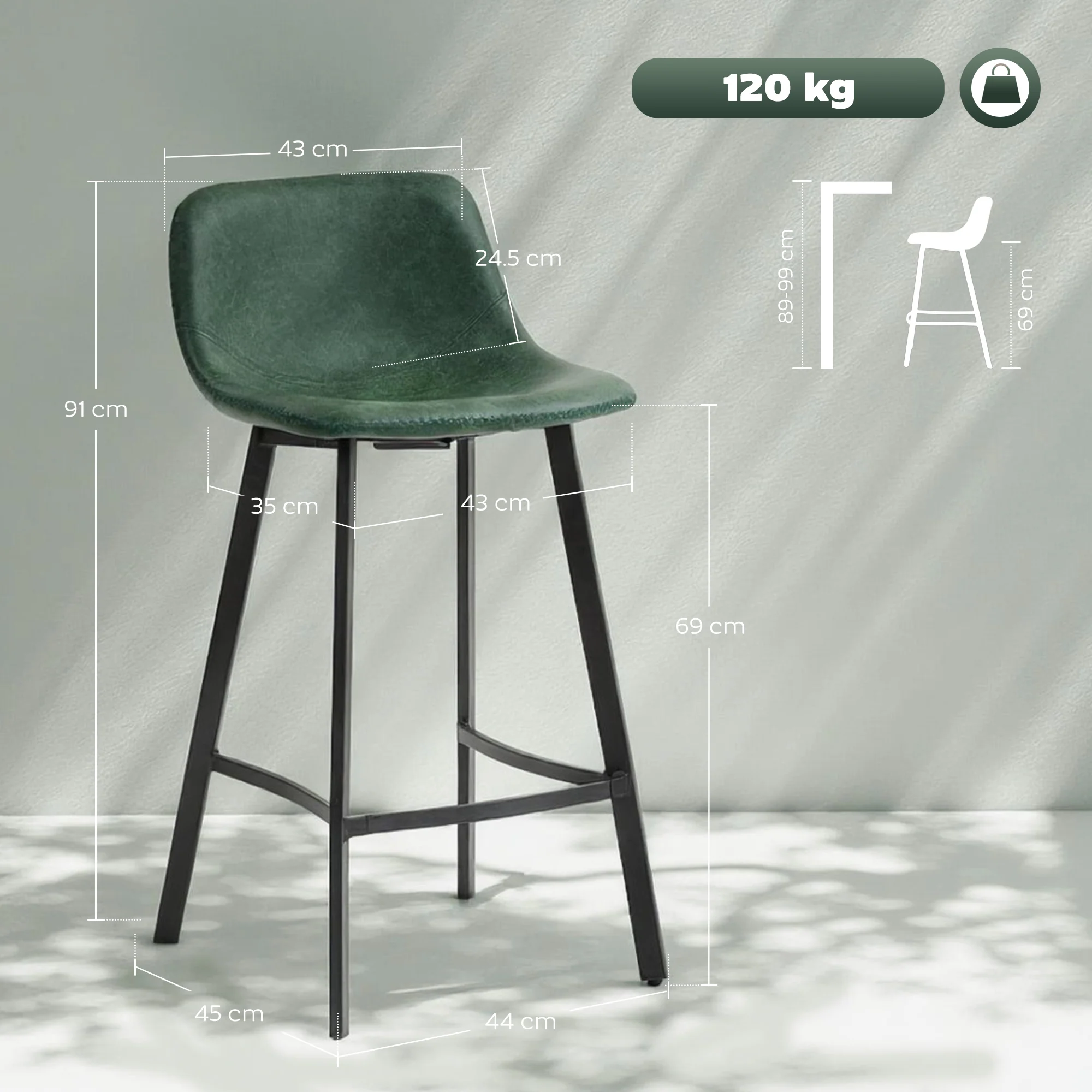 HOMCOM Bar Stools Set of 2, Bar Chairs with Back and Steel Legs, Green - Image 5
