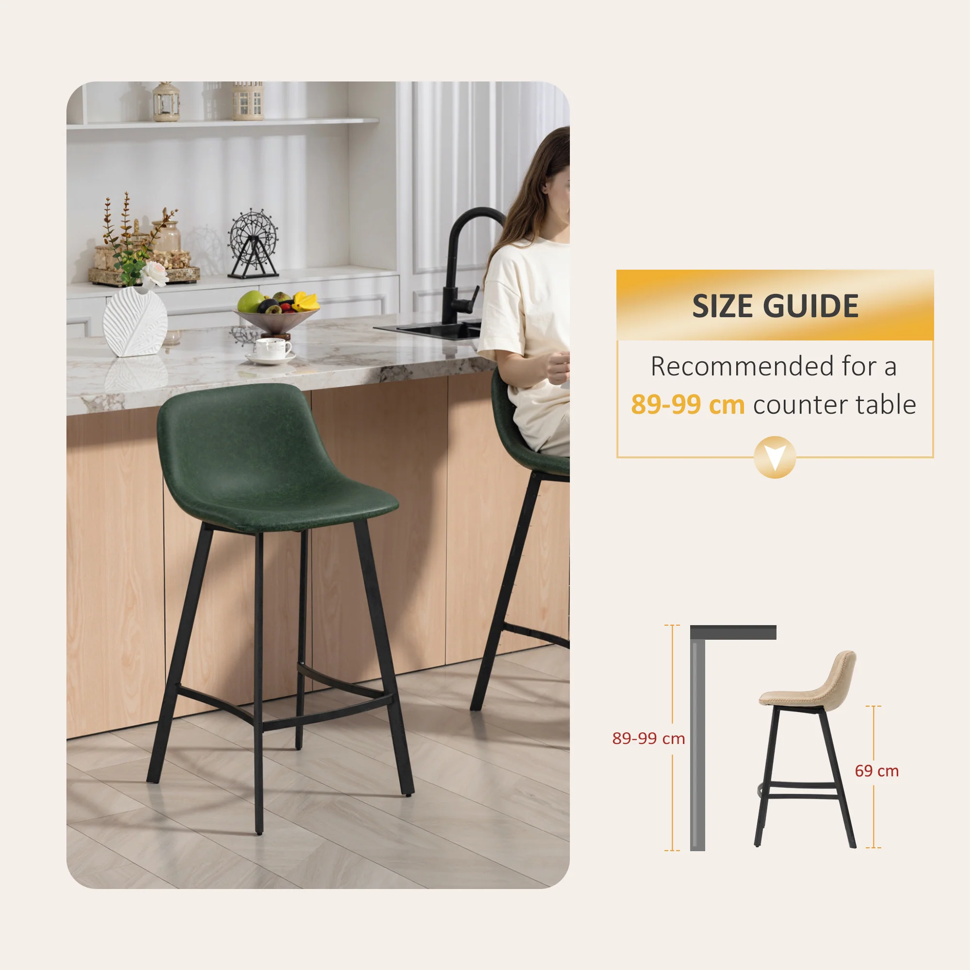 HOMCOM Bar Stools Set of 2, Bar Chairs with Back and Steel Legs, Green - Image 7