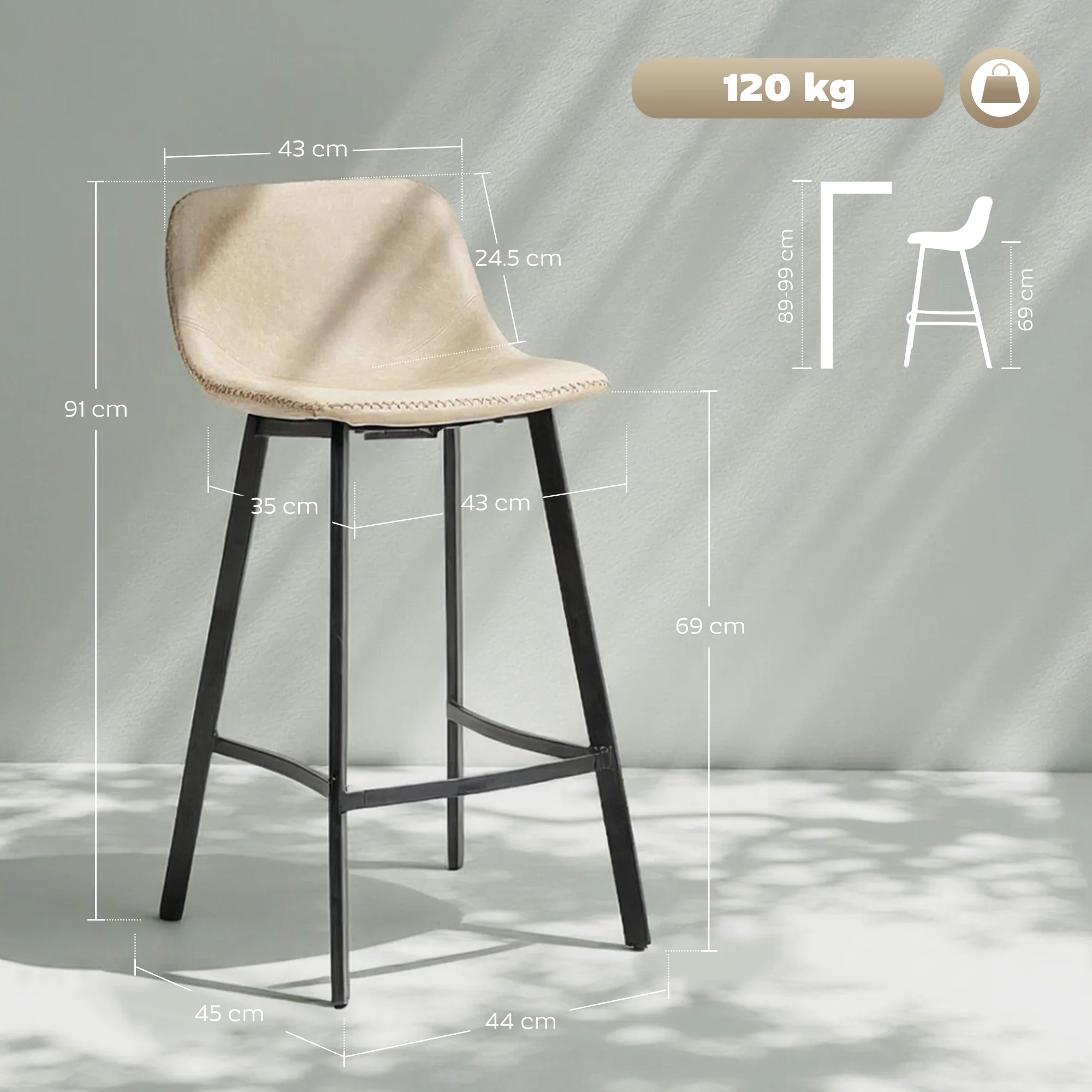 HOMCOM Bar Stools Set of 2, Bar Chairs with Back and Steel Legs, Light Brown - Image 5