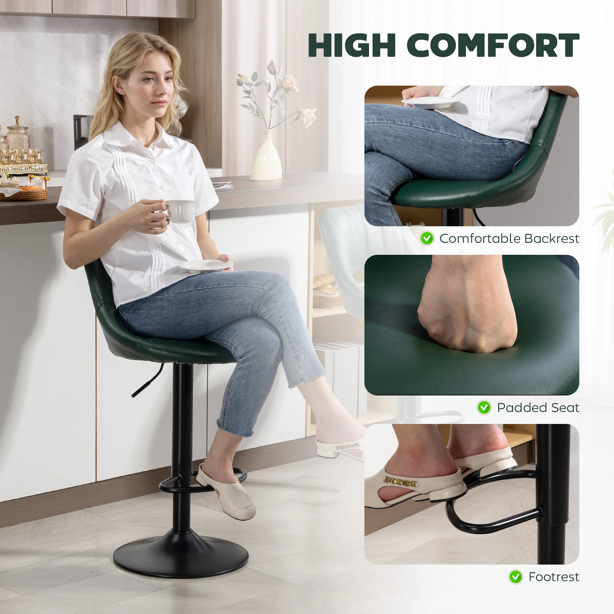 HOMCOM Barstools Set Of 2, Dining Stools With Backrest And Footrest - Image 4