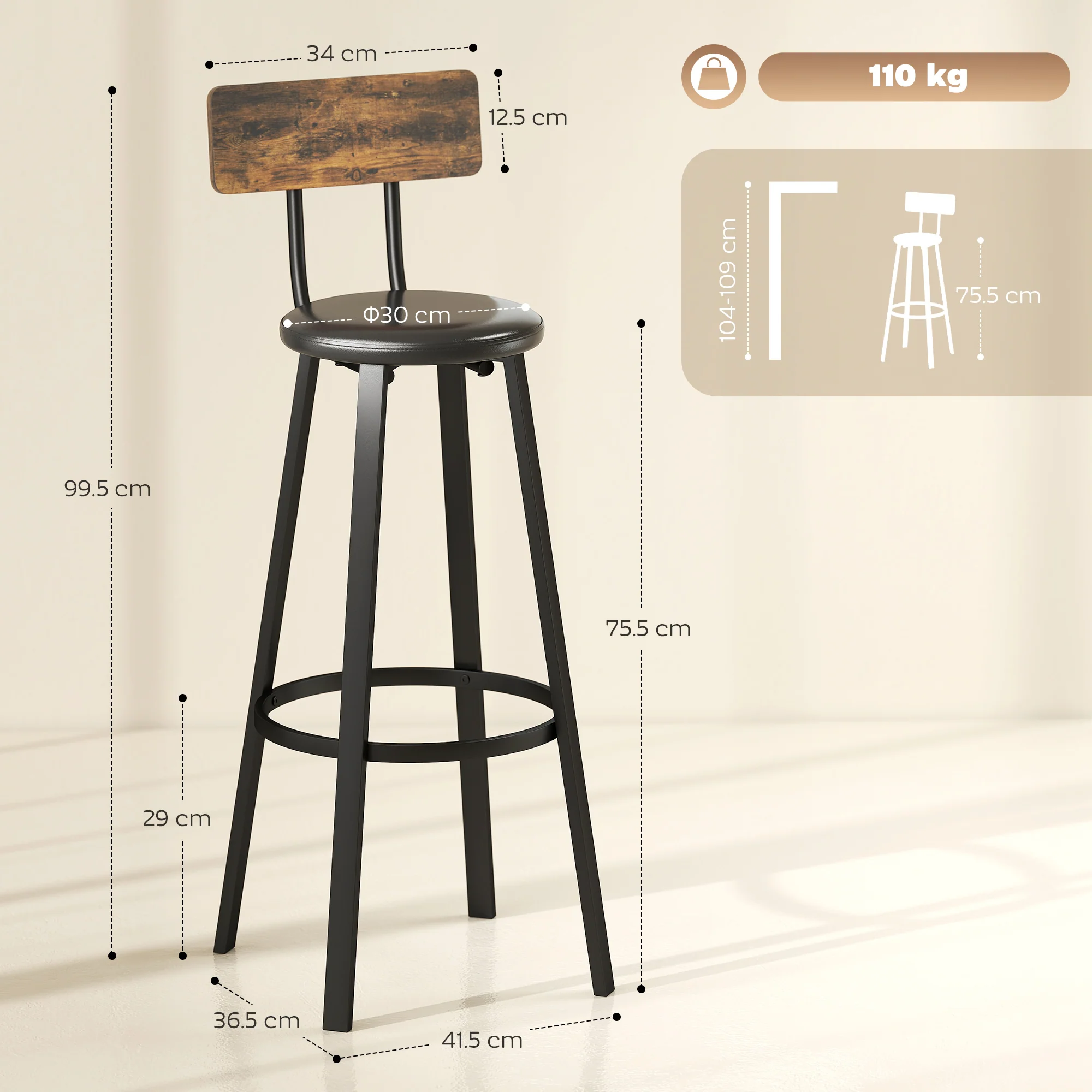 HOMCOM Barstools Set Of 2 With Padded Seat Backrest Rustic Brown Black - Image 5