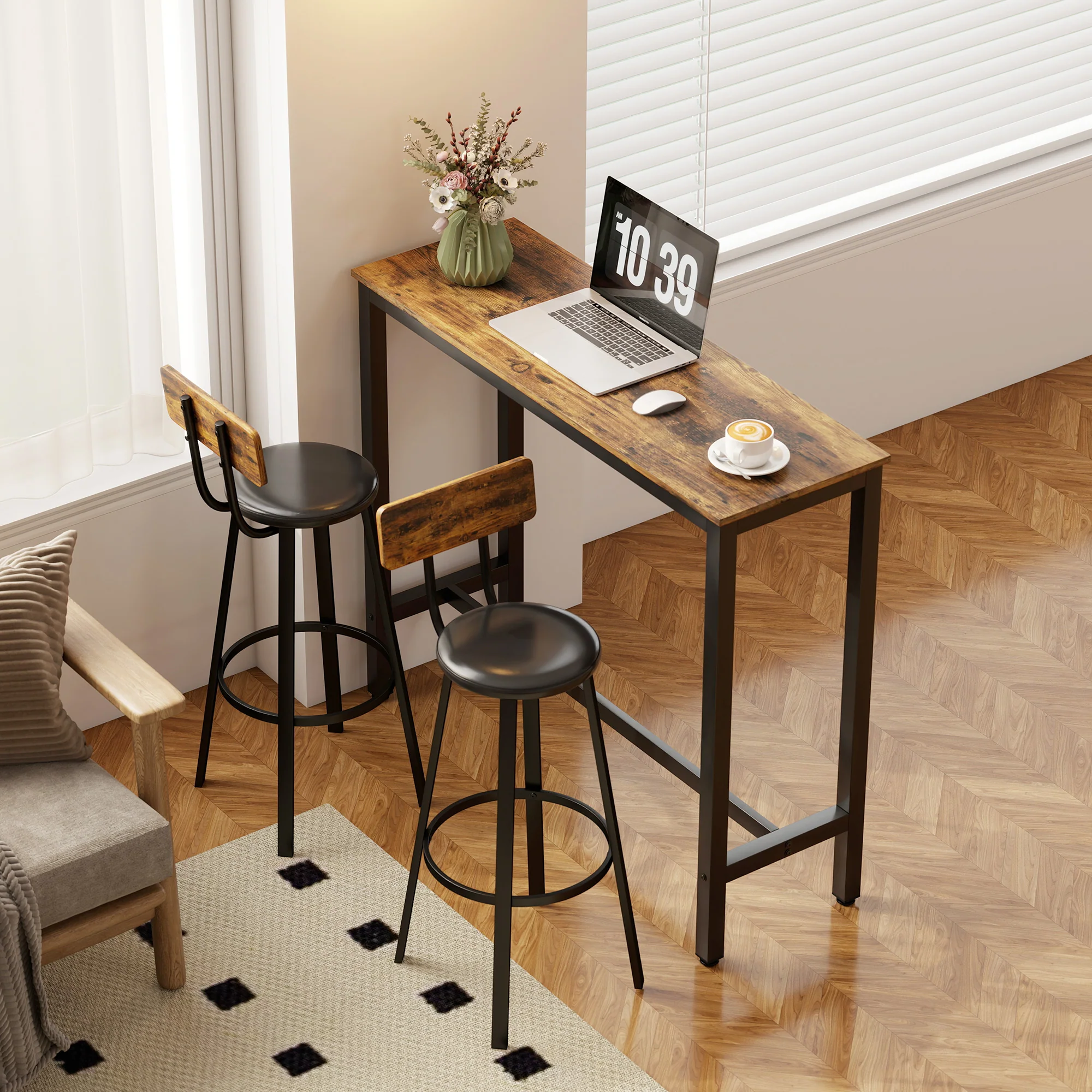 HOMCOM Barstools Set Of 2 With Padded Seat Backrest Rustic Brown Black - Image 8