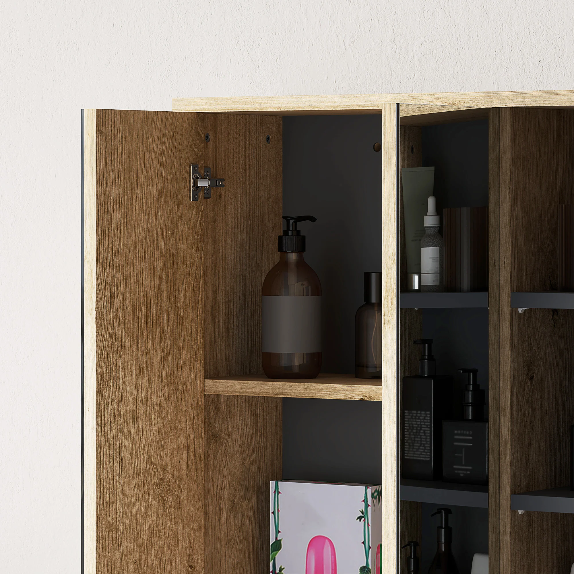 HOMCOM Bathroom Cabinet Wall Mounted Mirror Storage With Shelves Natural - Image 9