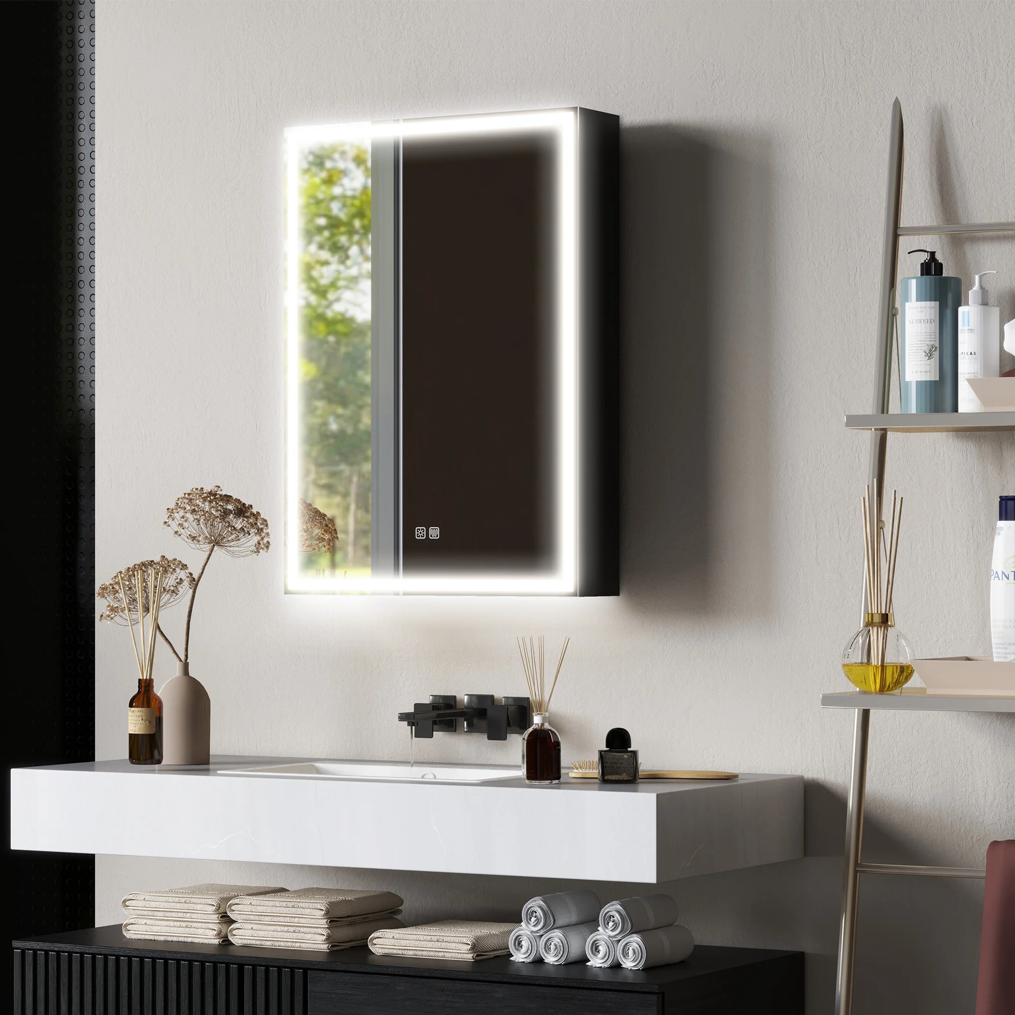 HOMCOM Bathroom Cabinet With Mirror, LED Lights And Demister Pad, Black - Image 9