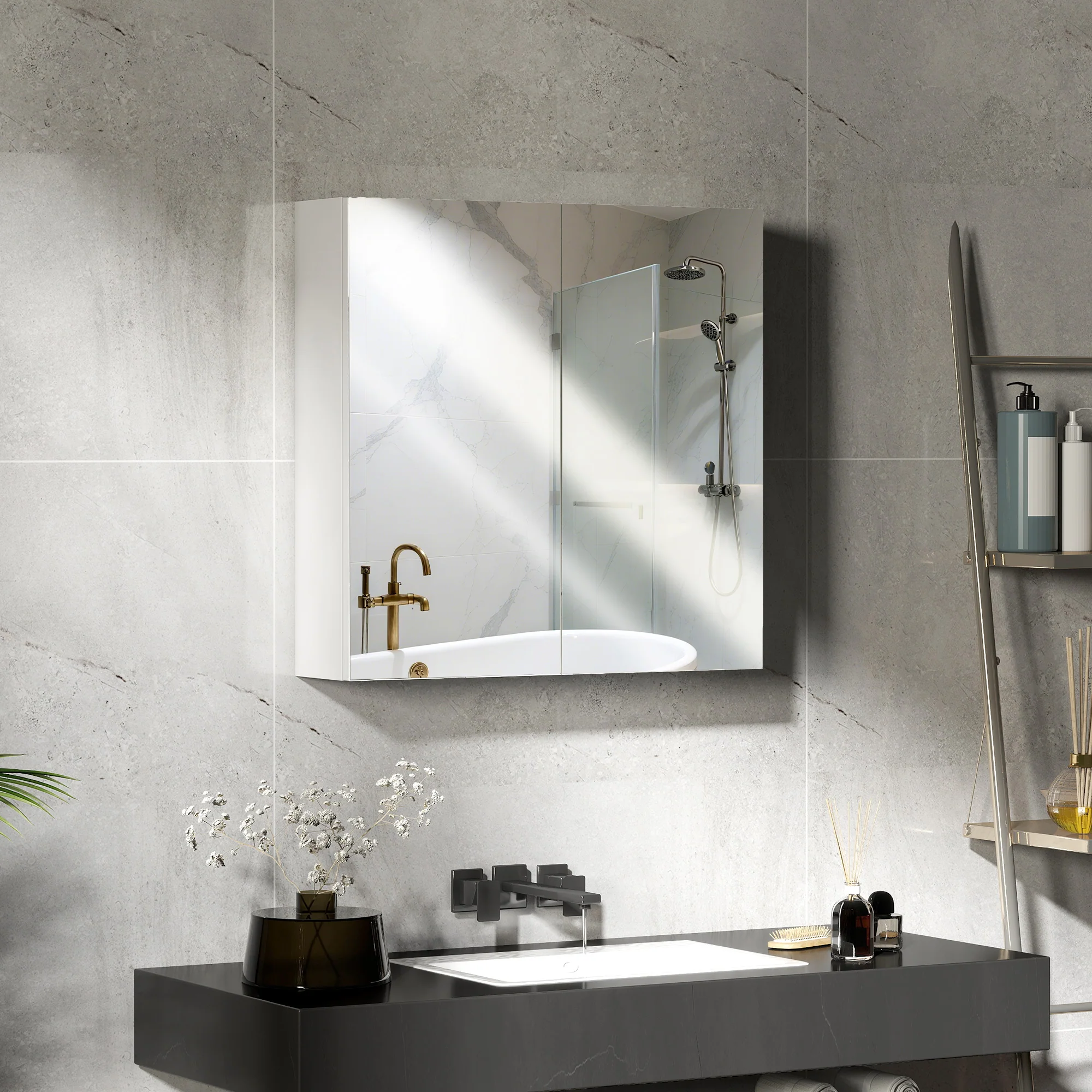 HOMCOM Bathroom Mirror Cabinet Wall Mounted, 60 X 15 X 60 Cm, White - Image 2