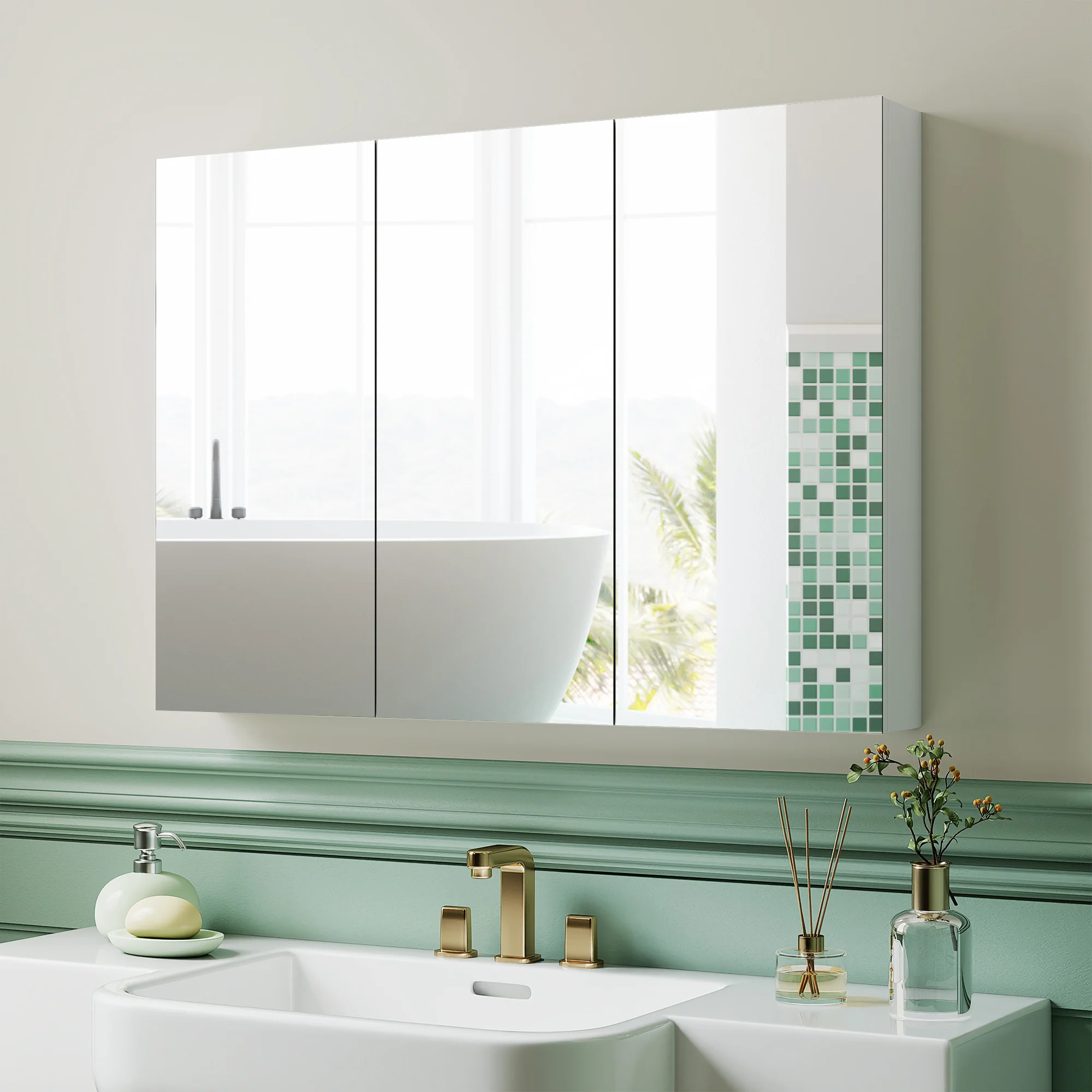 HOMCOM Bathroom Mirror Cabinet With 4 Adjustable Shelves, White - Image 2