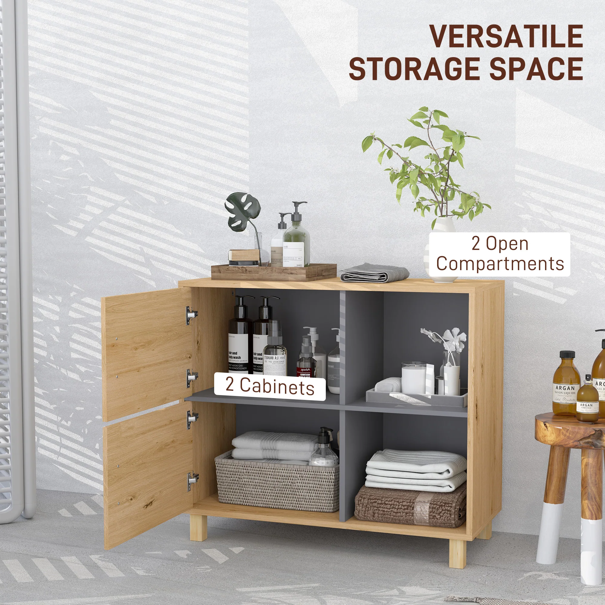 HOMCOM Bathroom Storage Cabinet With Open Compartments And Double Doors - Image 3