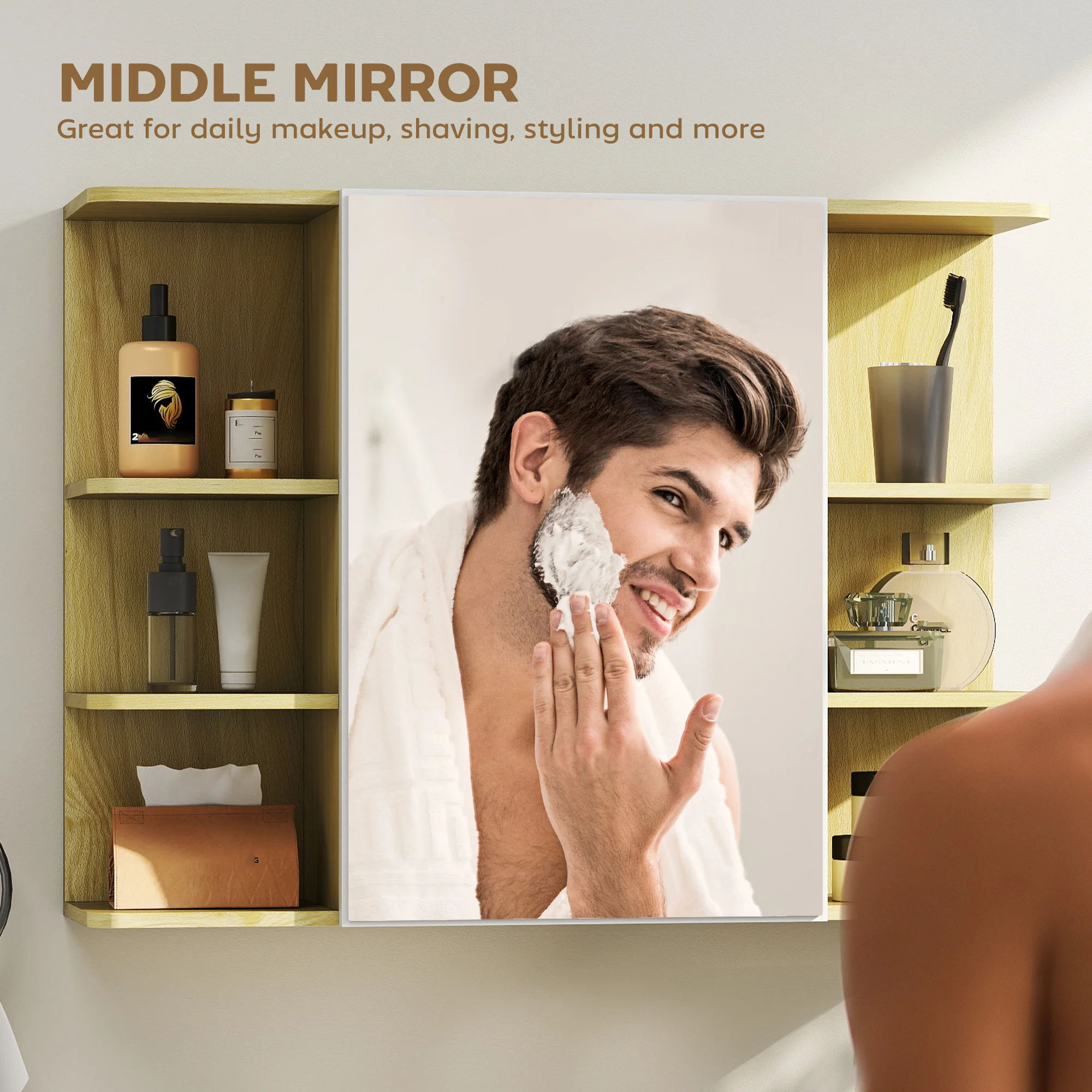 HOMCOM Bathroom Wall Cabinet With Mirror And Open Storage Shelves Natural - Image 3