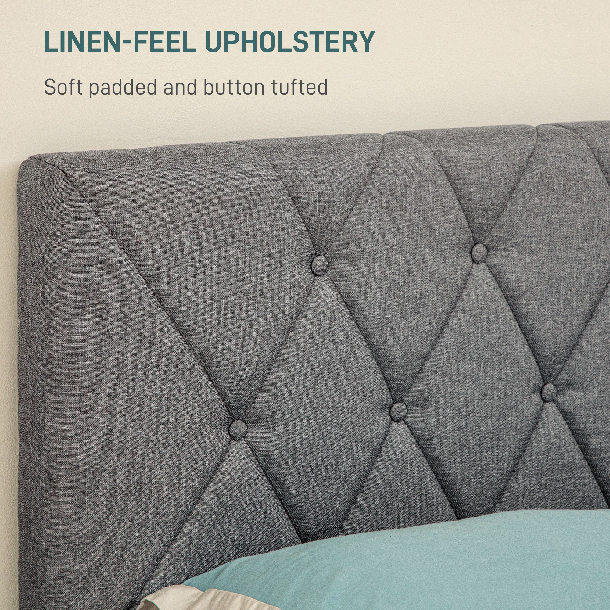 HOMCOM Bed Frame with 5-Level Adjustable Linen Headboard - Image 13