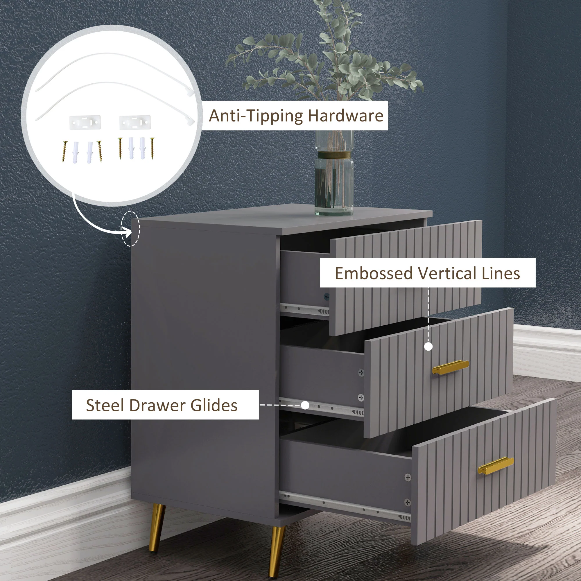 HOMCOM Bedroom Chest Of Drawers, 3-Drawer Dresser With Aluminium Legs - Image 6