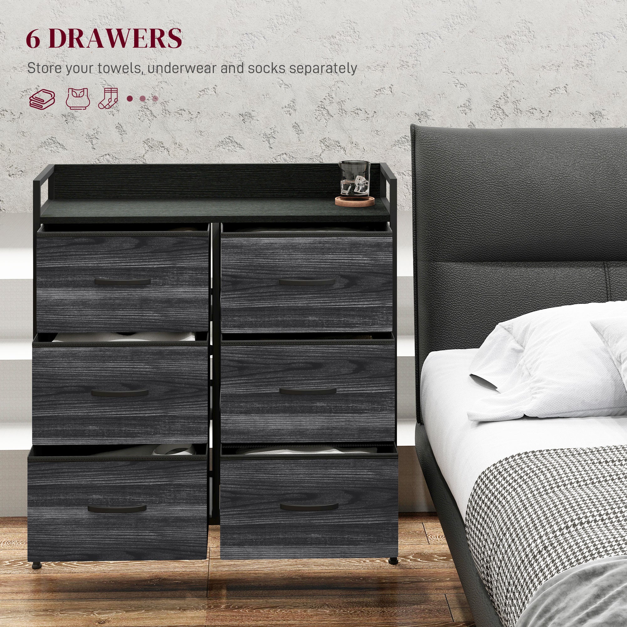 HOMCOM Bedroom Chest of Drawers 6 Drawer Dresser w/ Shelf - Image 3