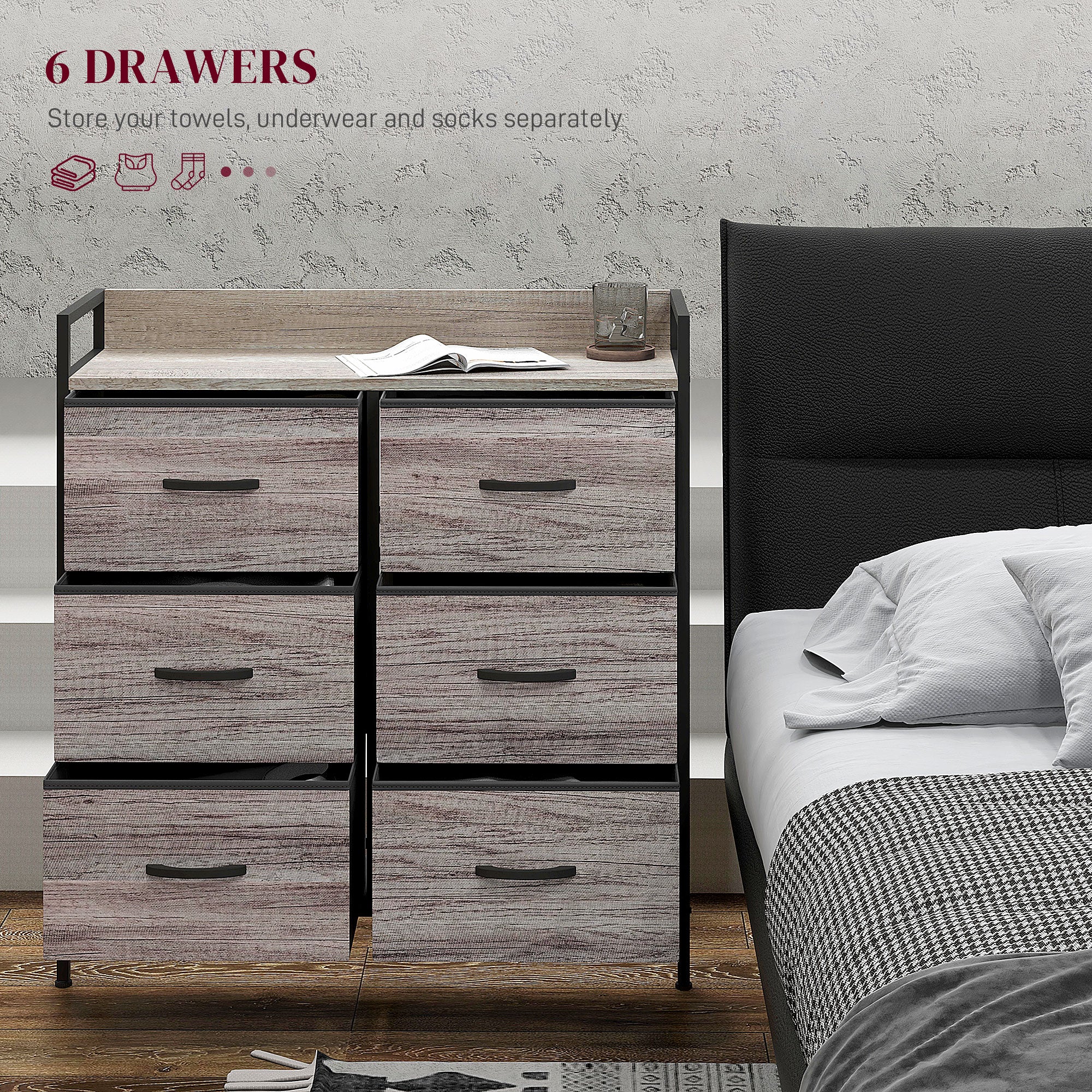 HOMCOM Bedroom Chest Of Drawers 6 Drawer Dresser W/ Shelf, Grey Wood Effect - Image 3