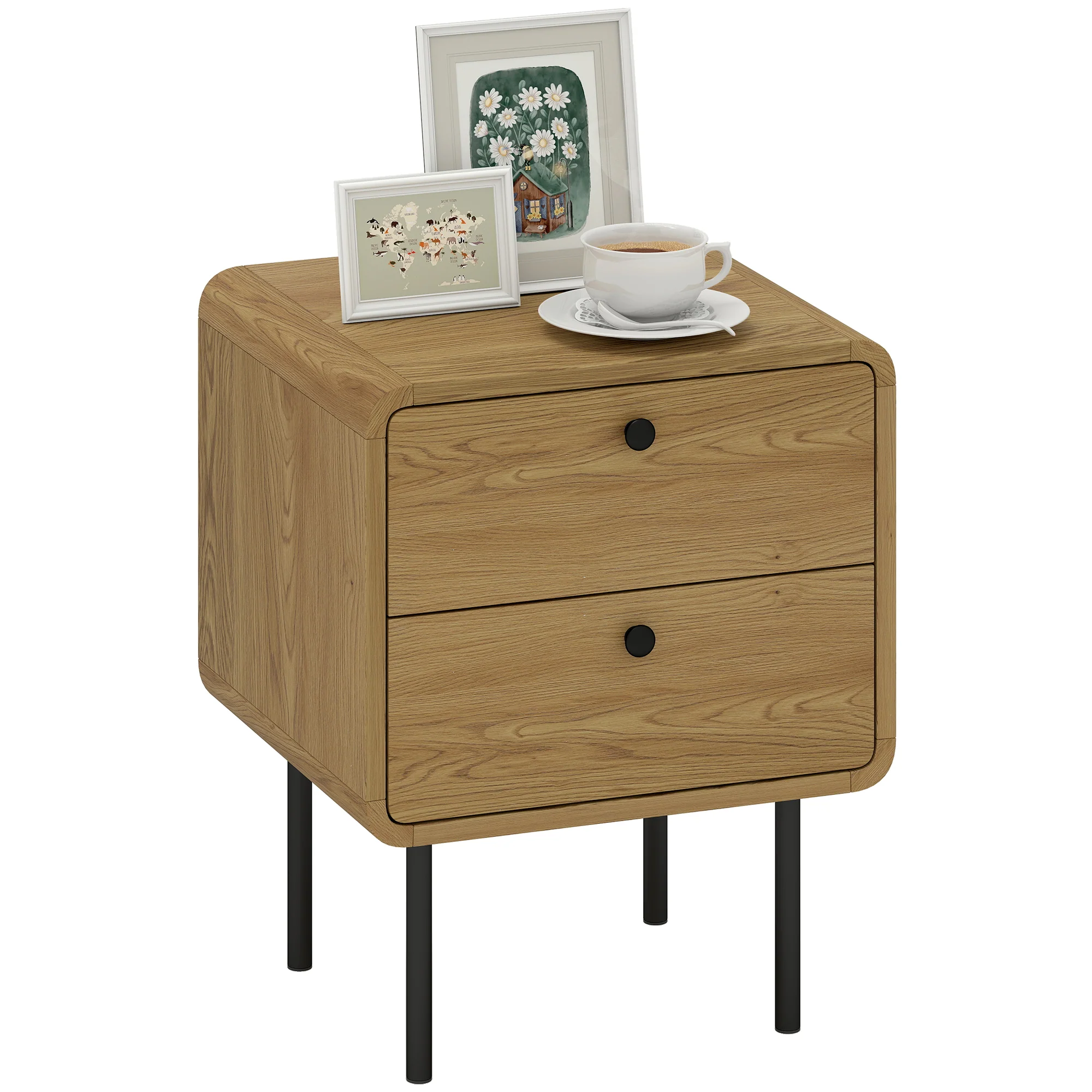 HOMCOM Bedside Table, Modern Nightstand with 2 Drawers Rounded Edges, Oak