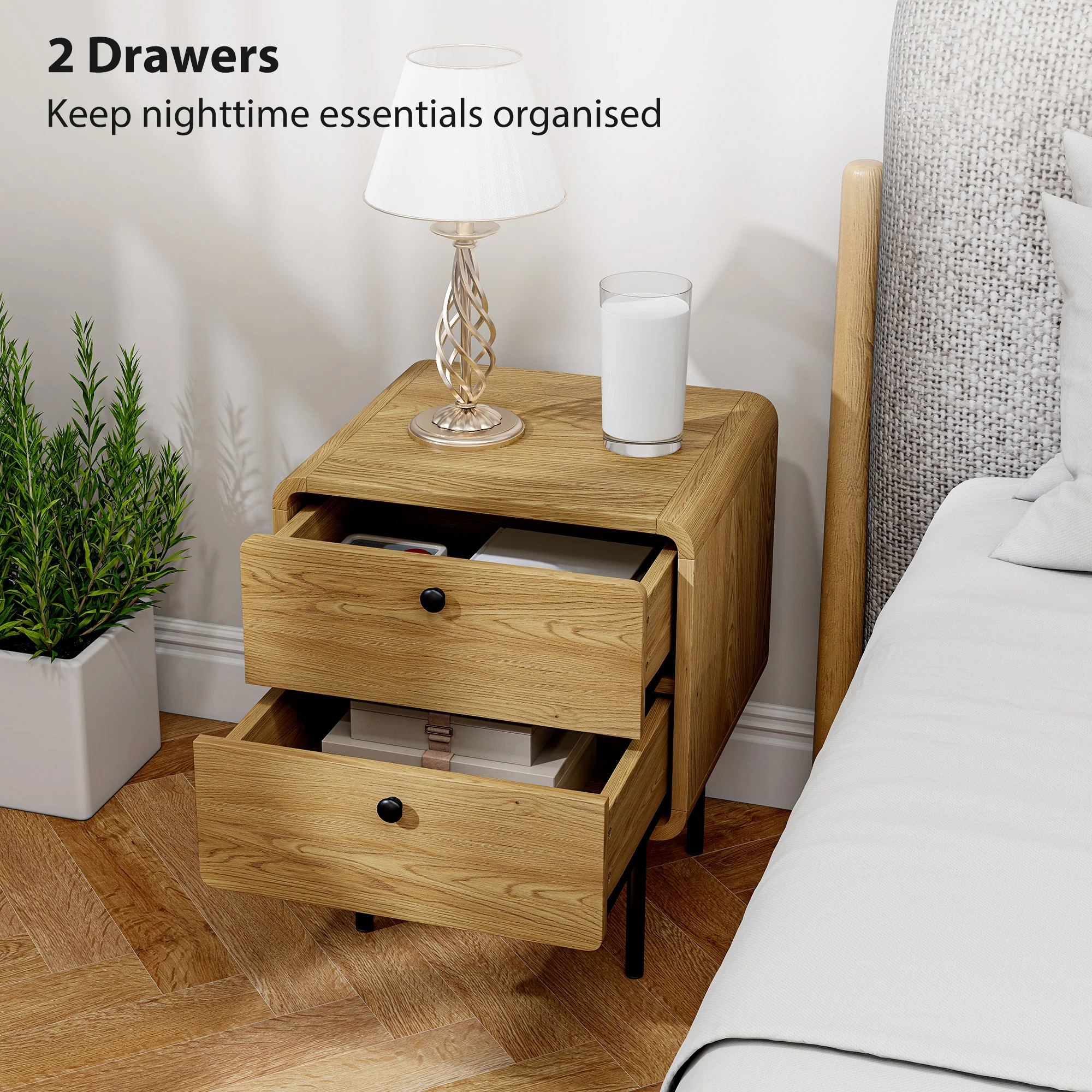 HOMCOM Bedside Table, Modern Nightstand with 2 Drawers Rounded Edges, Oak - Image 3