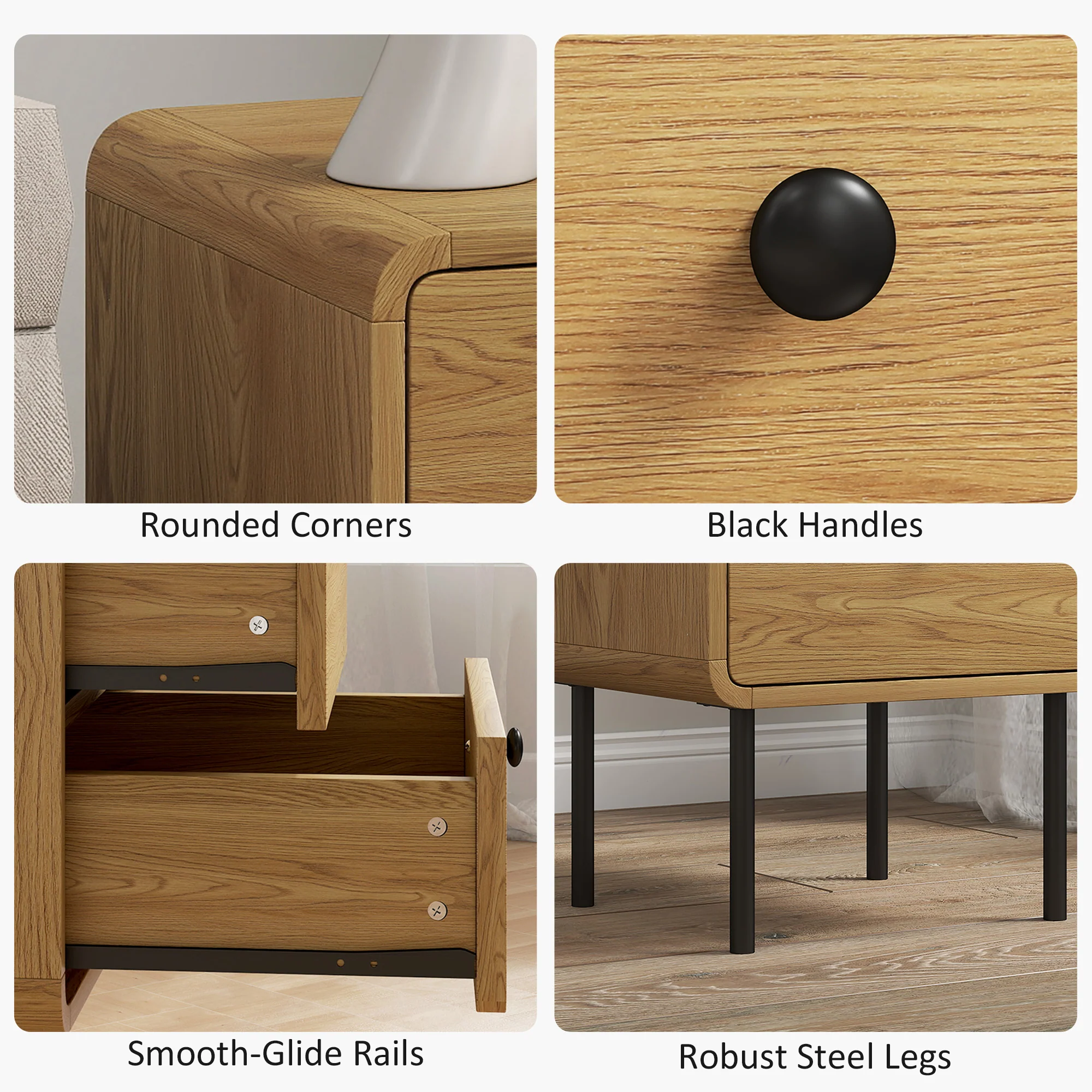 HOMCOM Bedside Table, Modern Nightstand with 2 Drawers Rounded Edges, Oak - Image 4