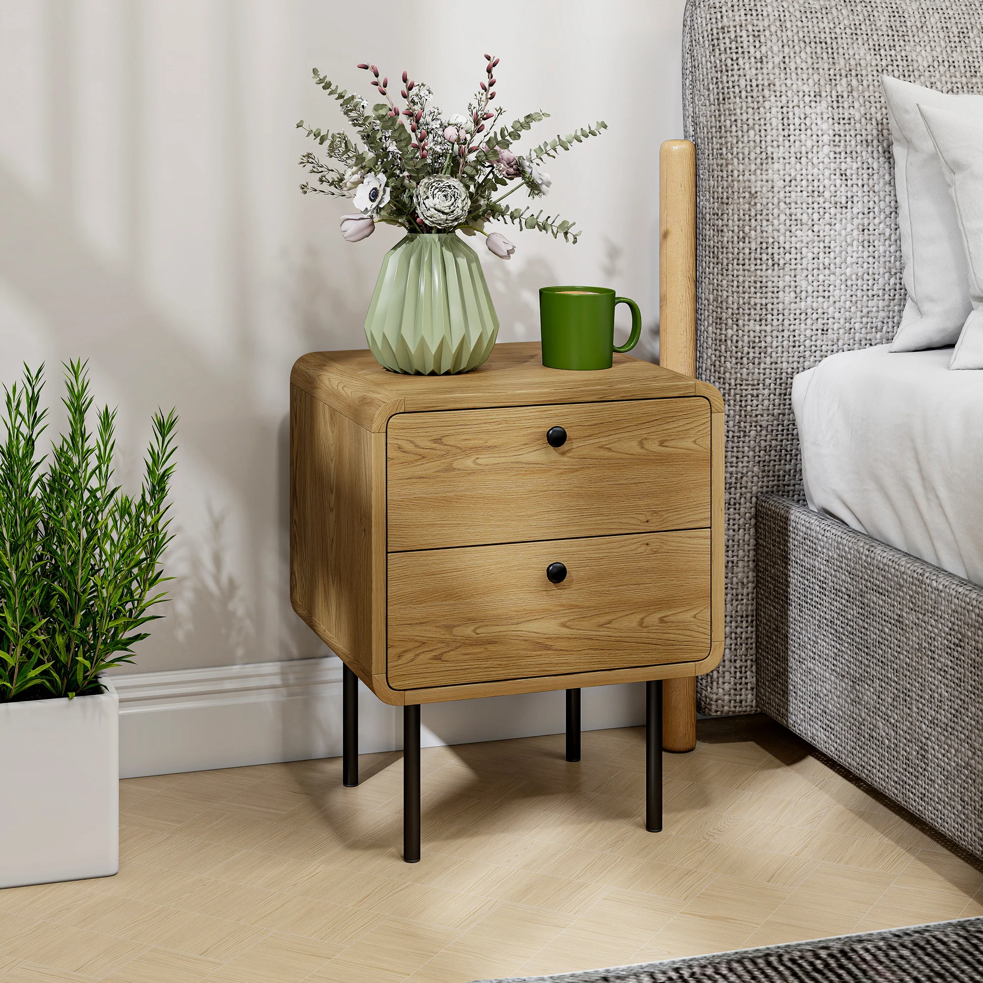 HOMCOM Bedside Table, Modern Nightstand with 2 Drawers Rounded Edges, Oak - Image 7