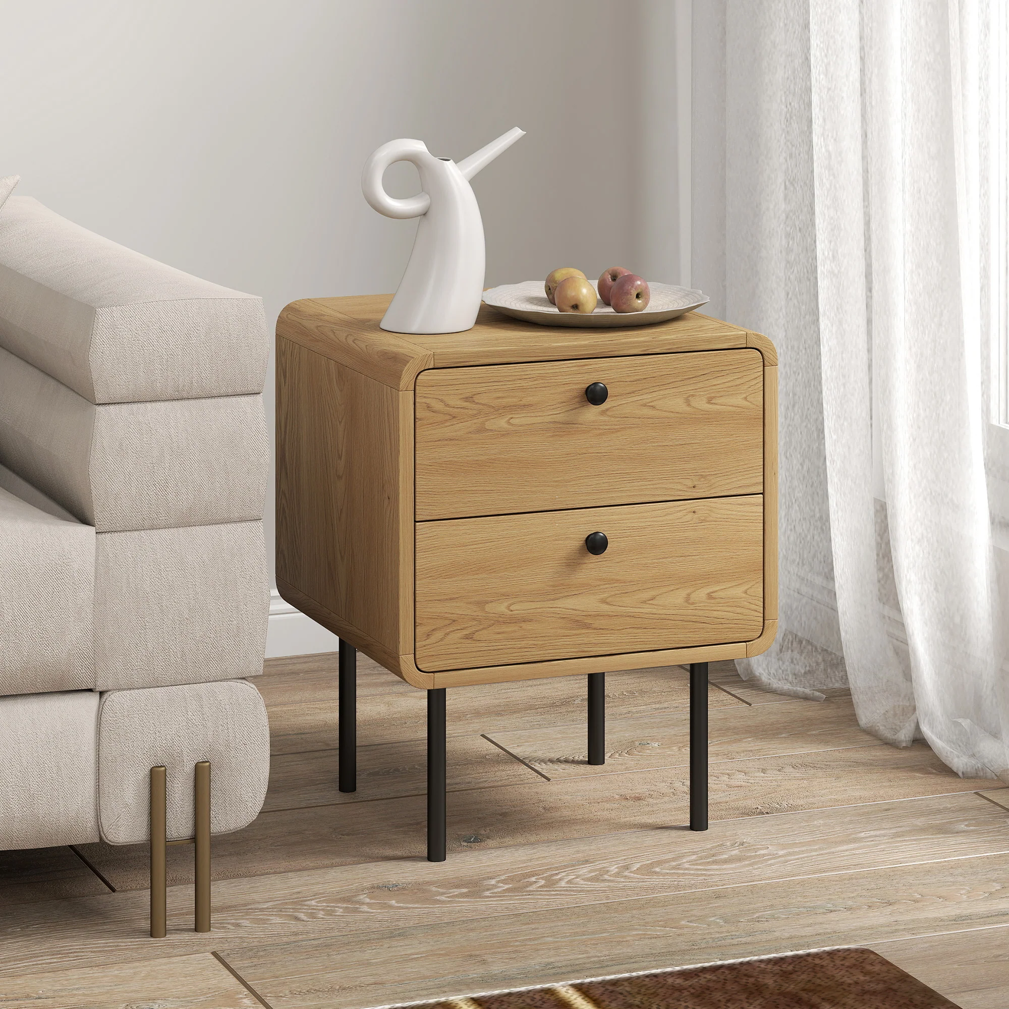 HOMCOM Bedside Table, Modern Nightstand with 2 Drawers Rounded Edges, Oak - Image 8