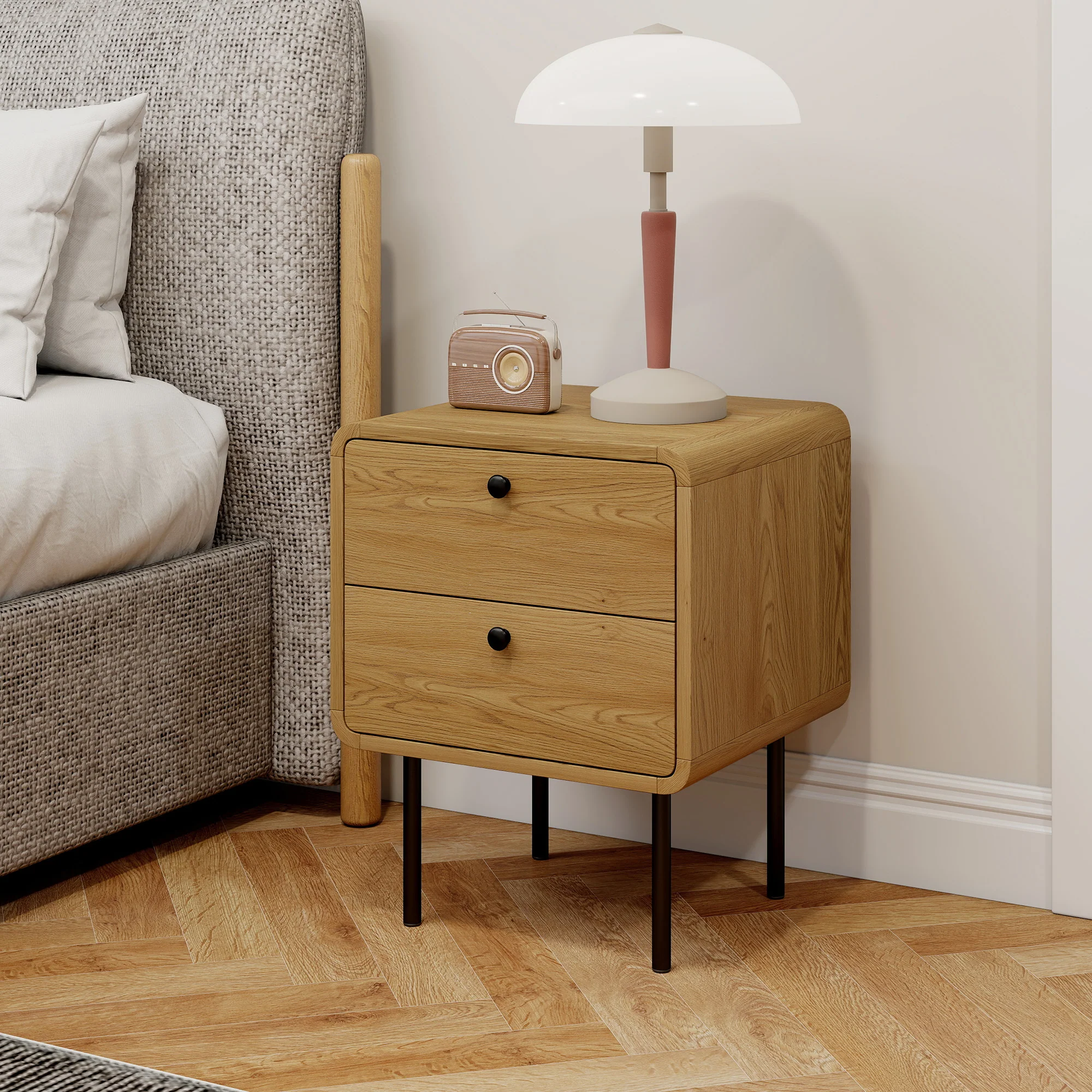 HOMCOM Bedside Table, Modern Nightstand with 2 Drawers Rounded Edges, Oak - Image 9