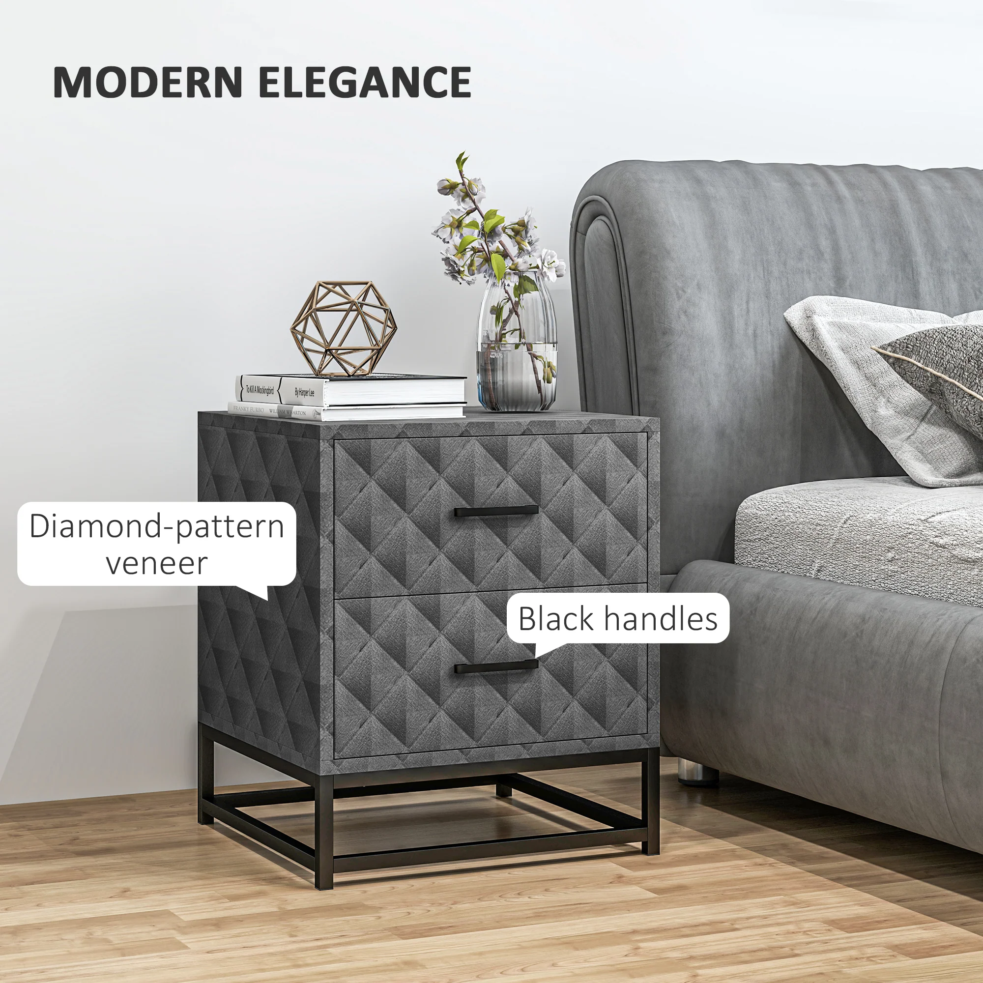 HOMCOM Bedside Table Set of 2, Nightstand with 2 Drawers, Steel Legs - Image 12