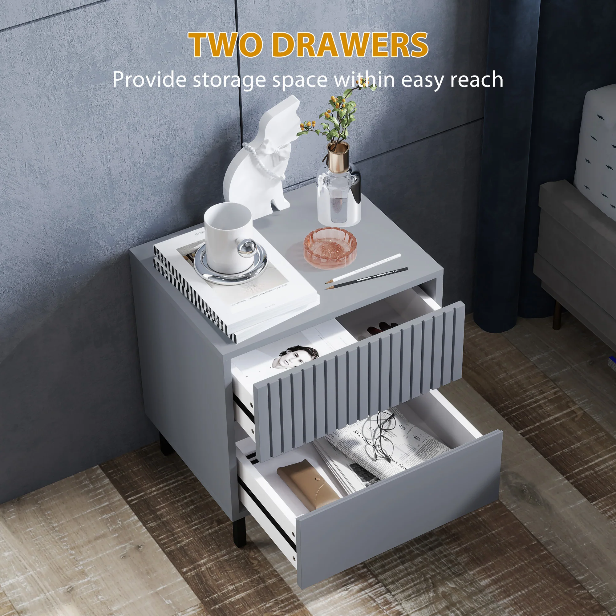 HOMCOM Bedside Table With 2 Drawers And Steel Legs For Bedroom - Grey/White - Image 4