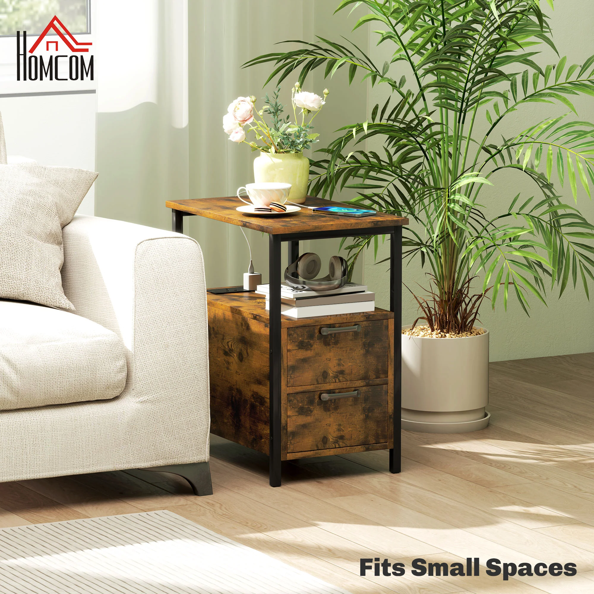 HOMCOM Bedside Table With Charging Station For Living Room, Rustic Brown - Image 4