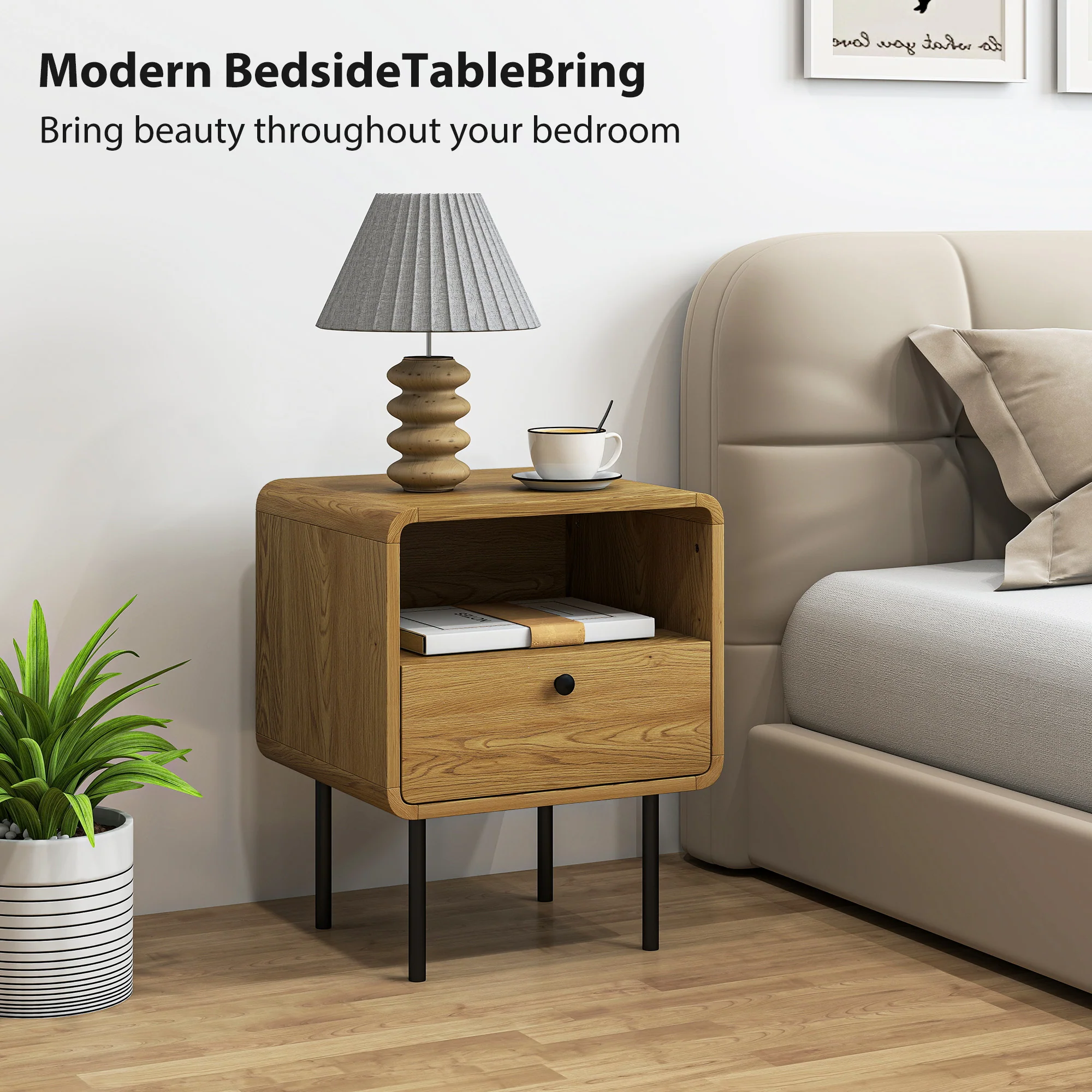 HOMCOM Bedside Table with Drawer and Shelf, Modern Bedside Cabinet, Oak - Image 3