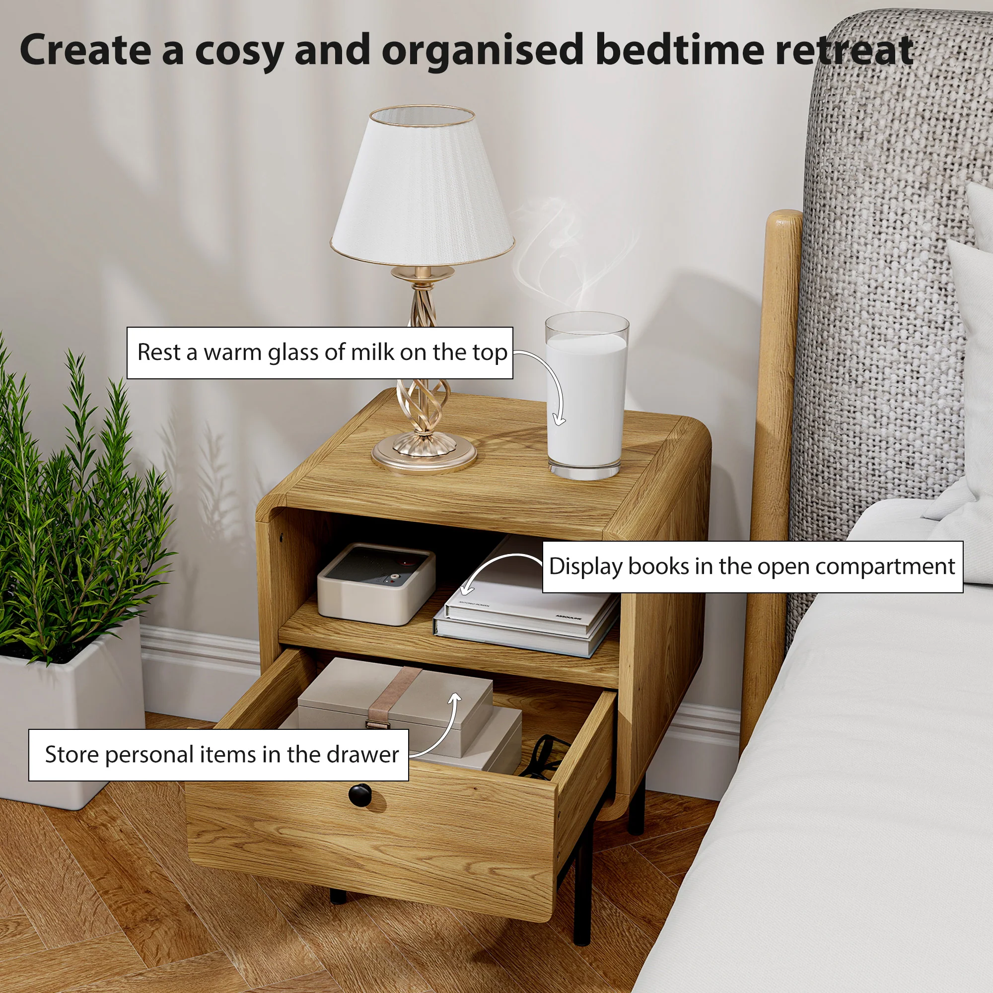 HOMCOM Bedside Table with Drawer and Shelf, Modern Bedside Cabinet, Oak - Image 4