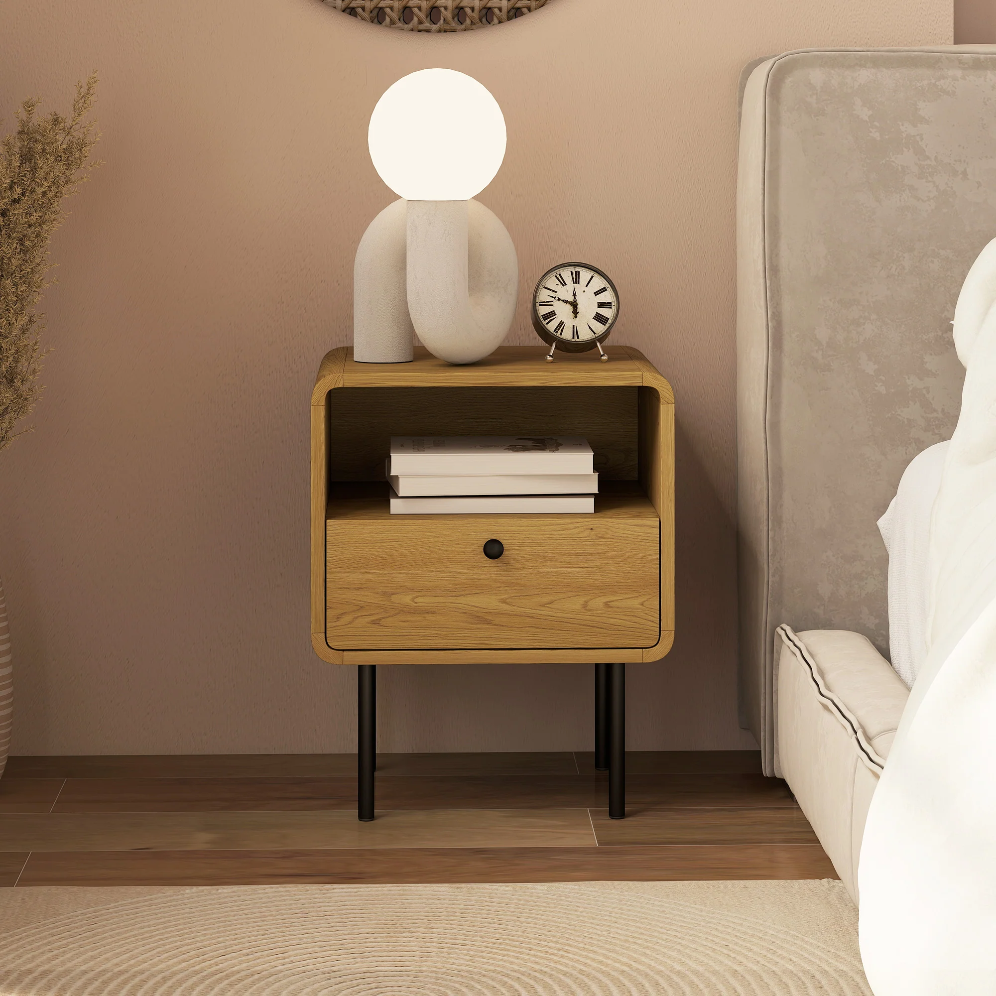 HOMCOM Bedside Table with Drawer and Shelf, Modern Bedside Cabinet, Oak - Image 9