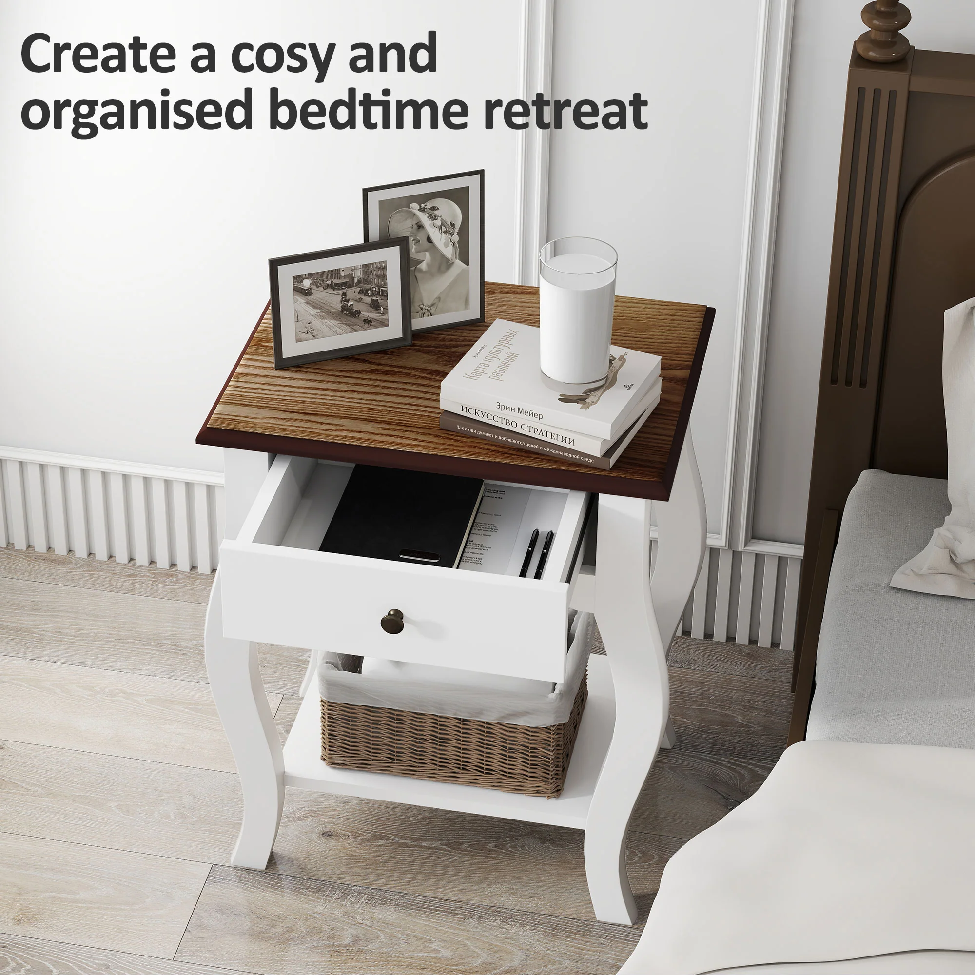 HOMCOM Bedside Tables Set Of 2, Bedside Cabinets With Drawer, Shelf, White - Image 4