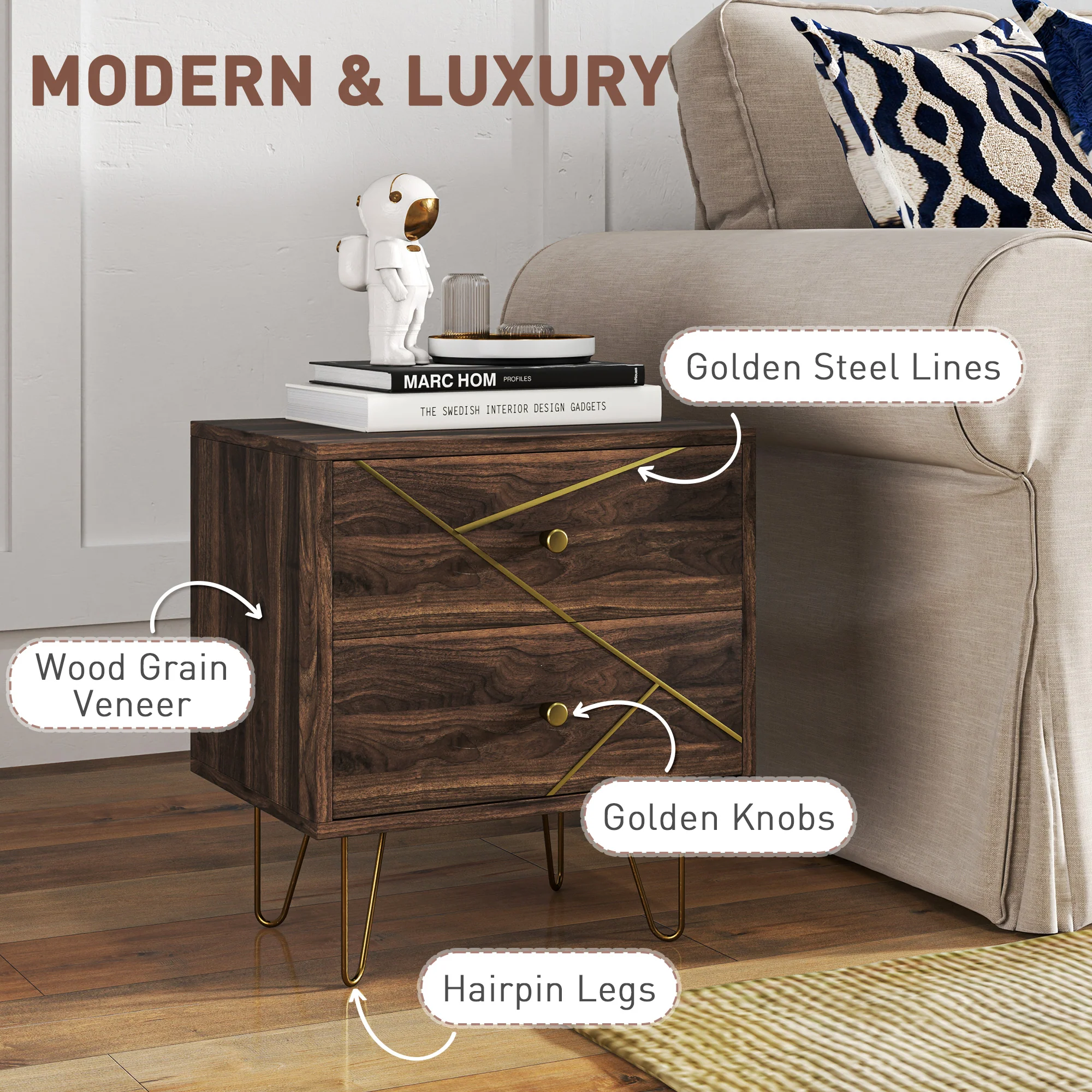 HOMCOM Bedside Tables Set of 2, Modern Side Table Set with 2 Drawers, Brown - Image 6