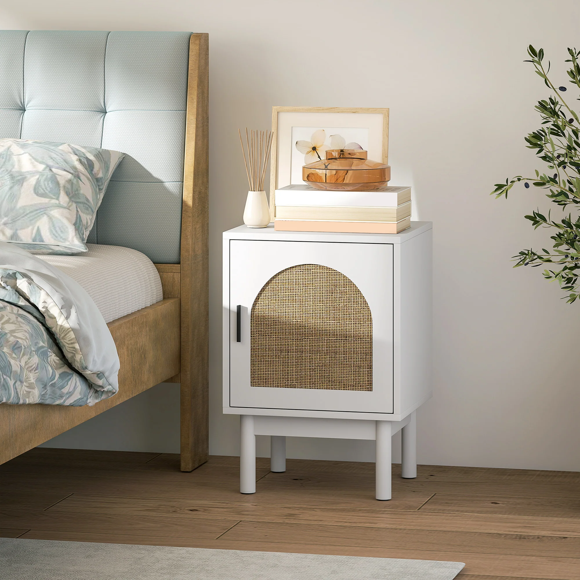 HOMCOM Boho Bedside Table with Rattan Door and Adjustable Shelf - Image 11