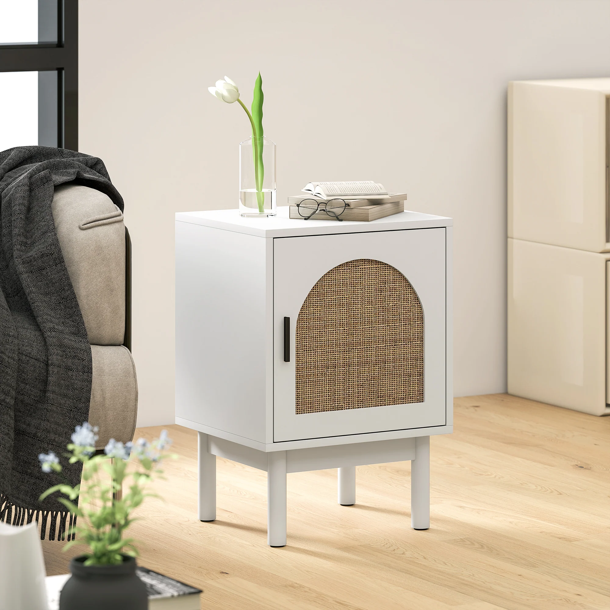 HOMCOM Boho Bedside Table with Rattan Door and Adjustable Shelf - Image 18