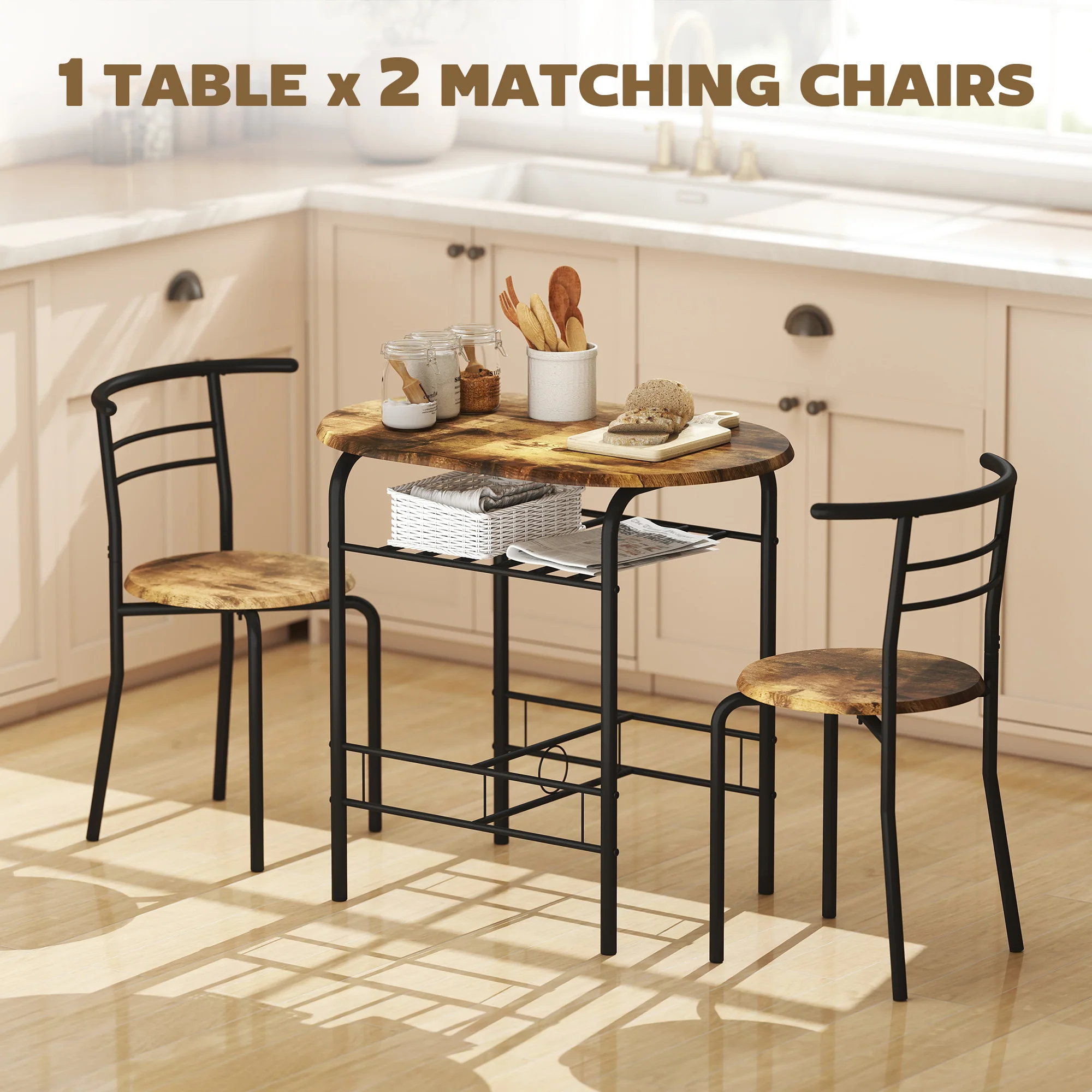 HOMCOM Breakfast Bar Table And Stools Set, Dining Room Set With Shelf - Image 3