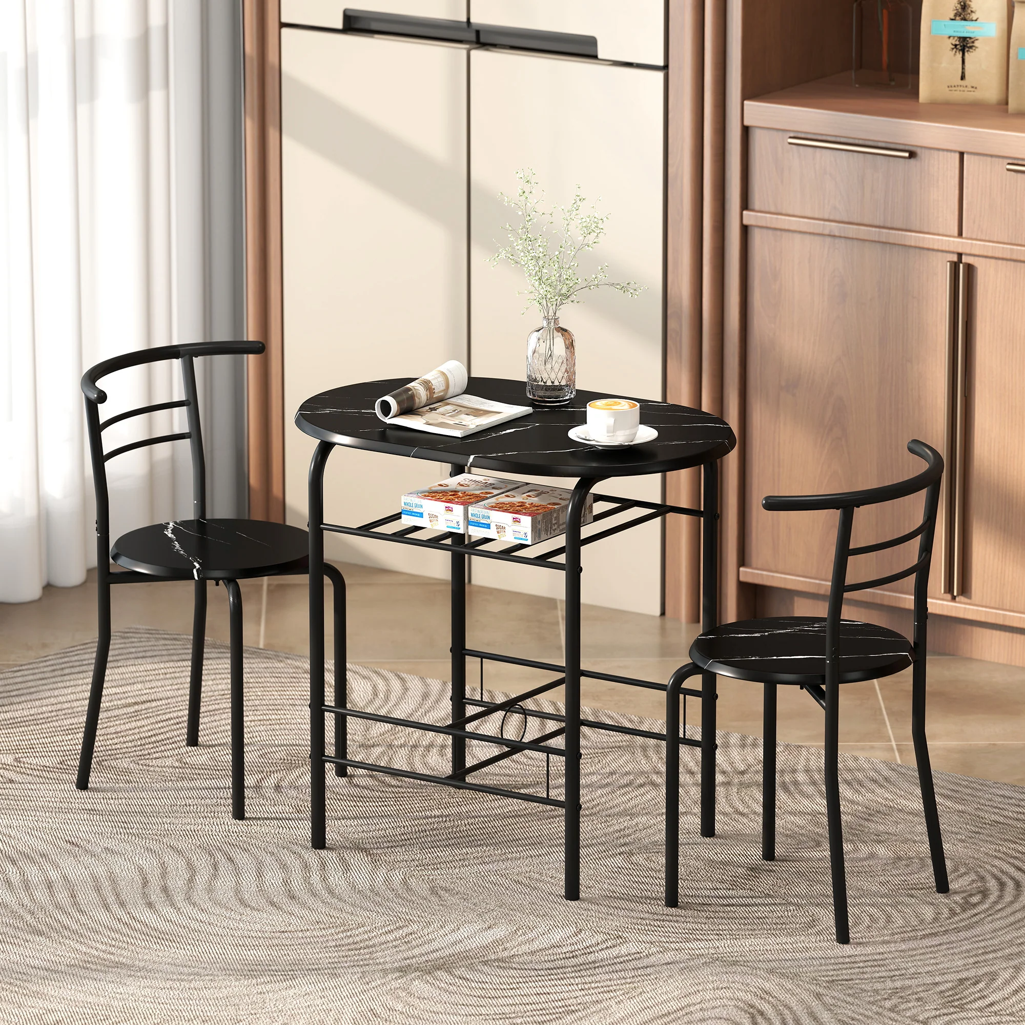 HOMCOM Breakfast Bar Table and Stools Set, Dining Room Set with Shelf, Black - Image 2