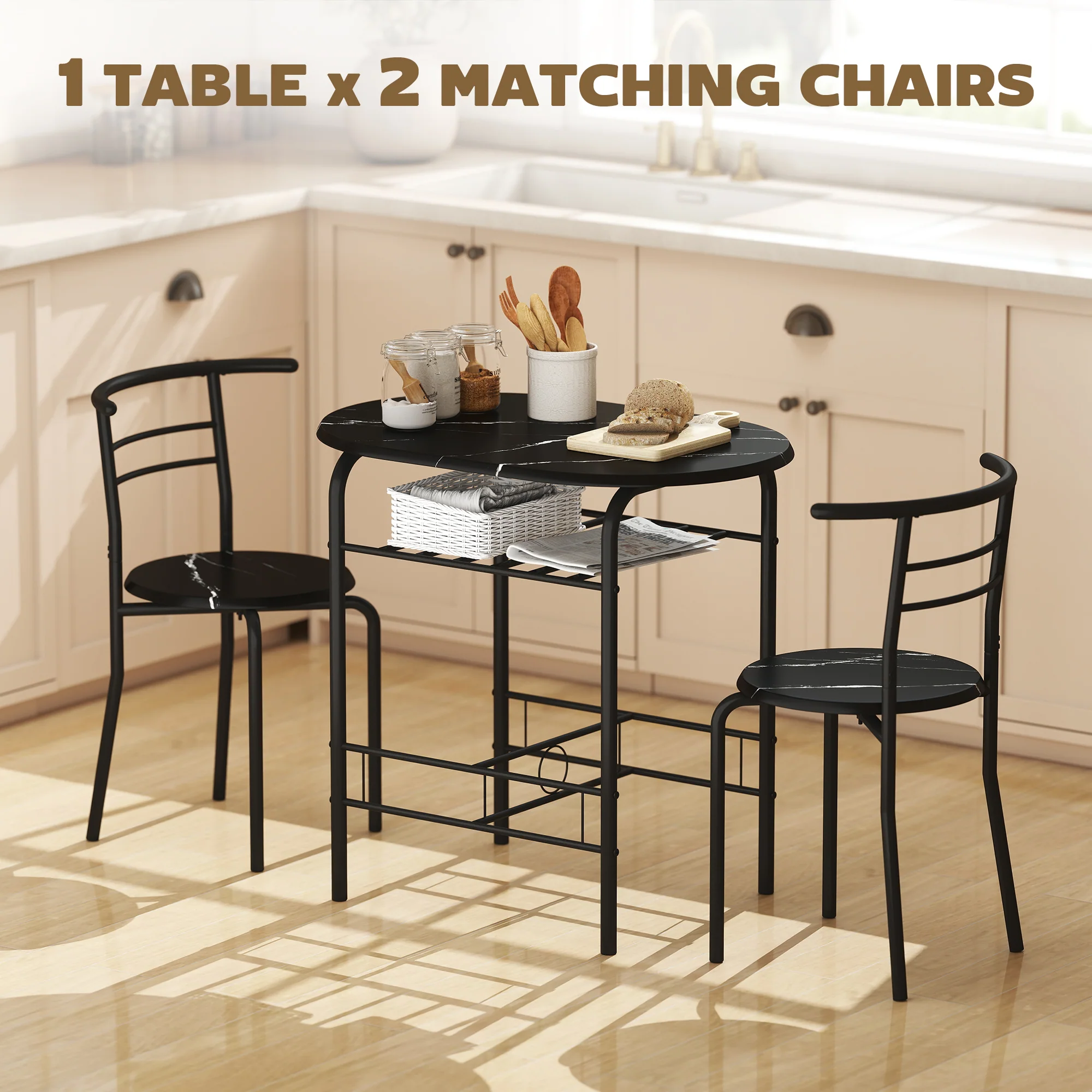 HOMCOM Breakfast Bar Table and Stools Set, Dining Room Set with Shelf, Black - Image 3