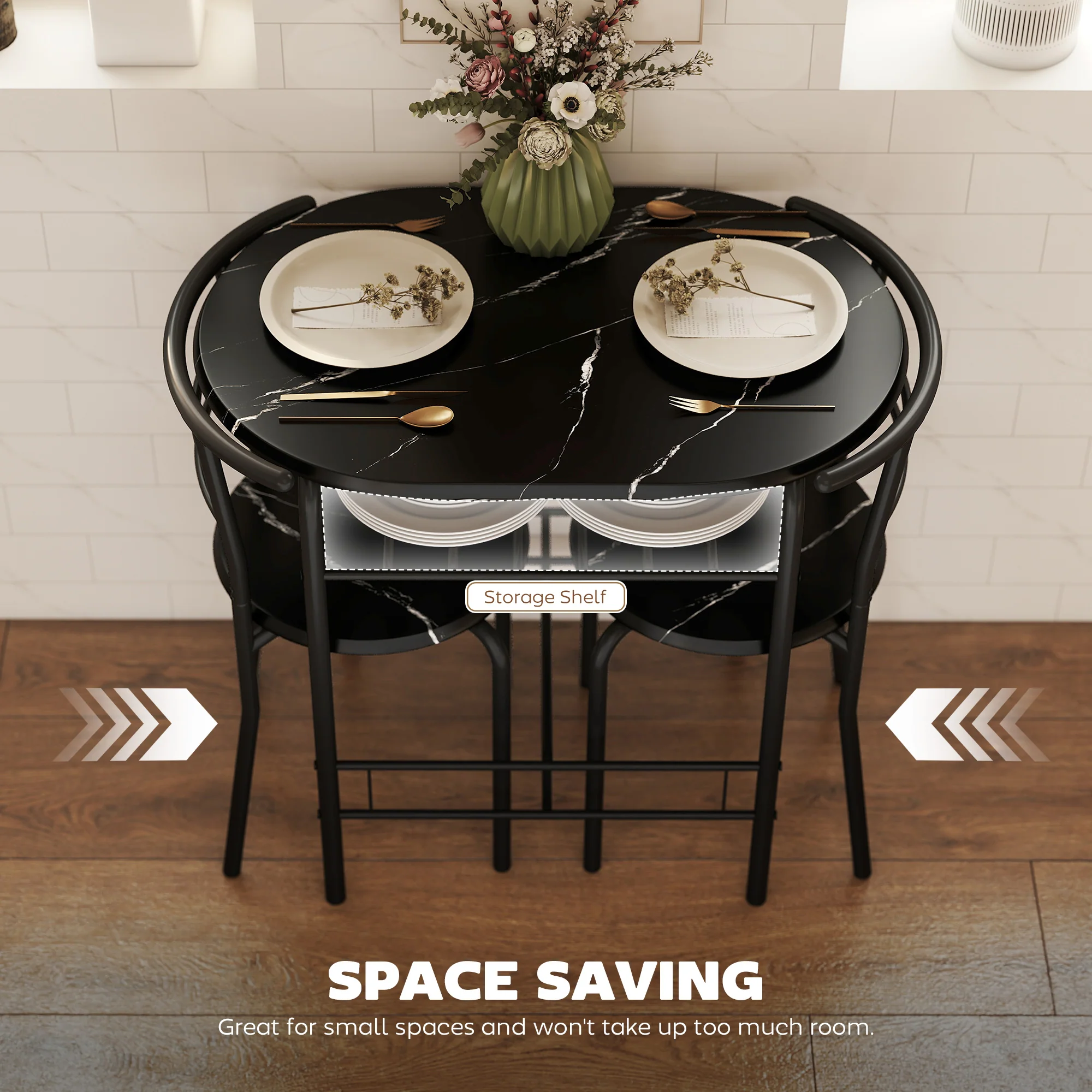 HOMCOM Breakfast Bar Table and Stools Set, Dining Room Set with Shelf, Black - Image 4