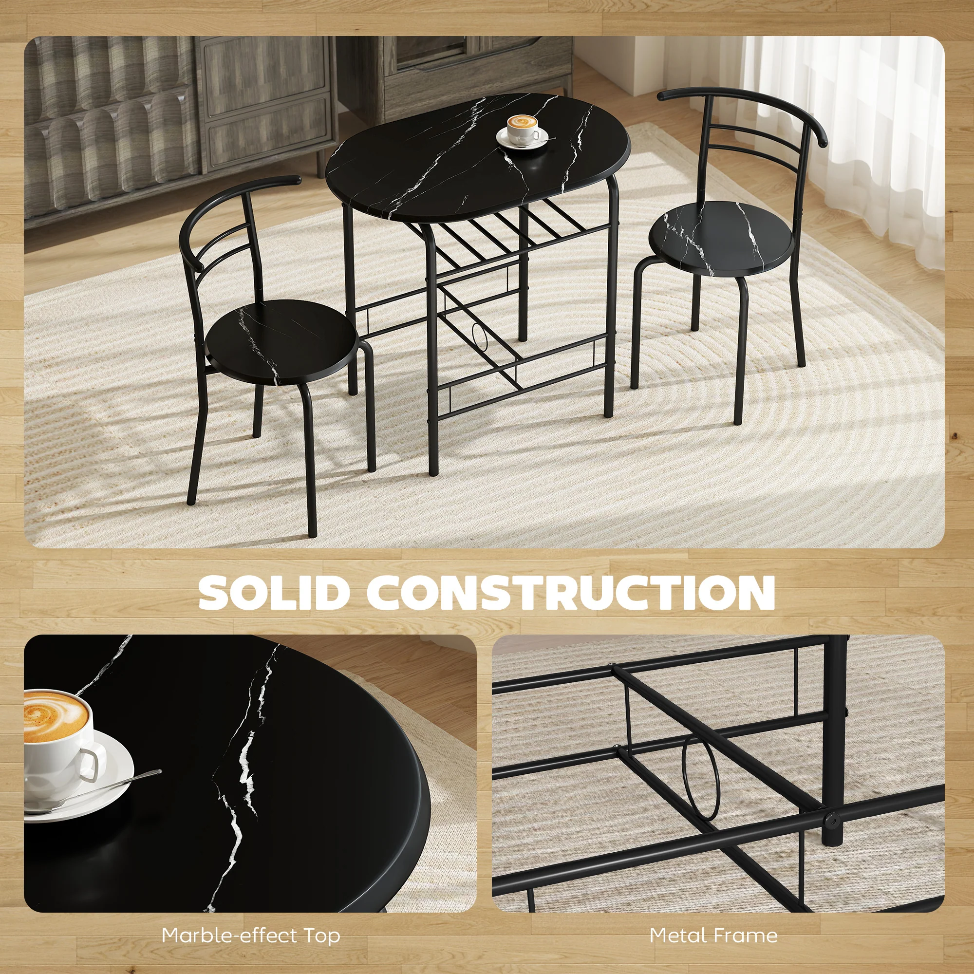 HOMCOM Breakfast Bar Table and Stools Set, Dining Room Set with Shelf, Black - Image 6