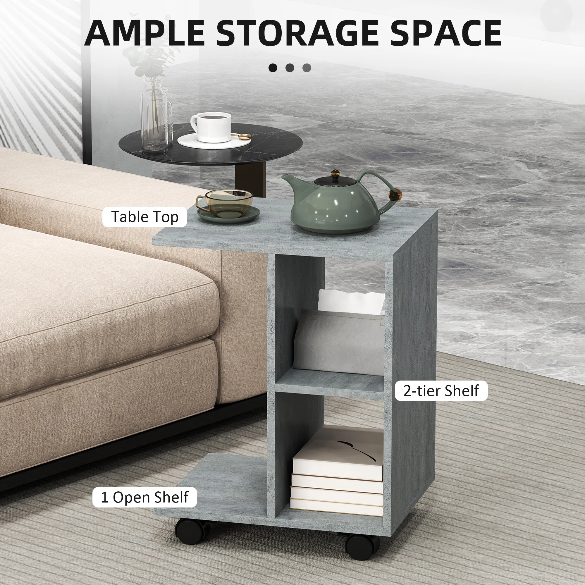 HOMCOM C-Shape End Table Storage Unit W/ 2 Shelves 4 Wheels Home - Image 3