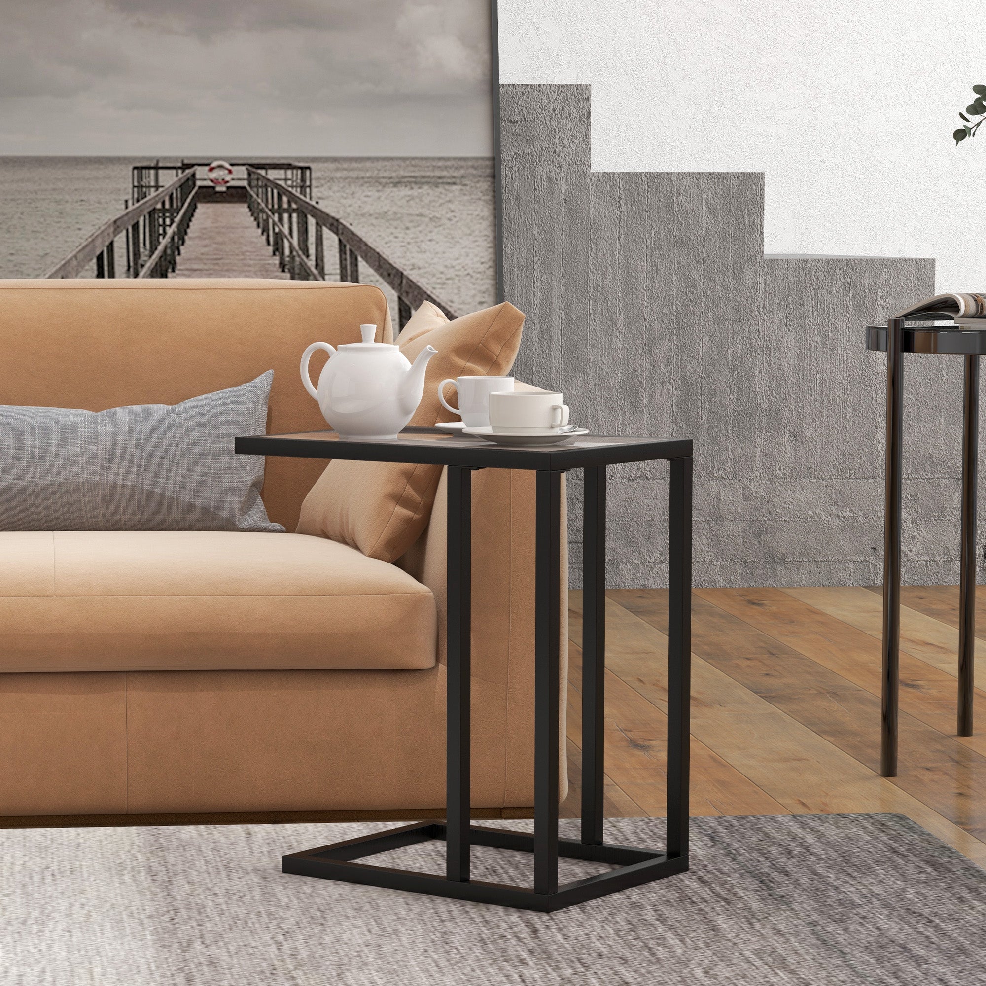 HOMCOM C Shape Side Table W/ Marble-Effect Top, Grey - Image 7