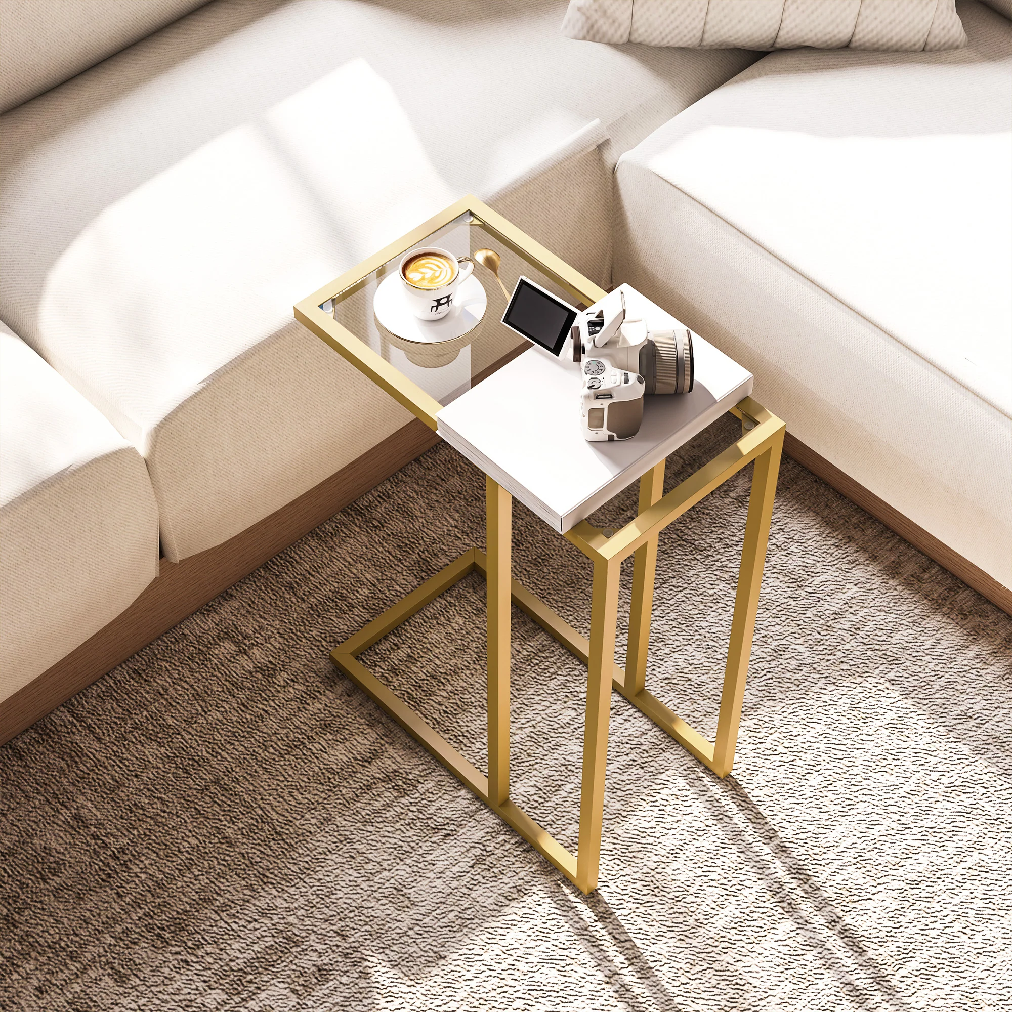 HOMCOM C-Shaped Side Table, End Table with Tempered Glass Tabletop, Gold - Image 8