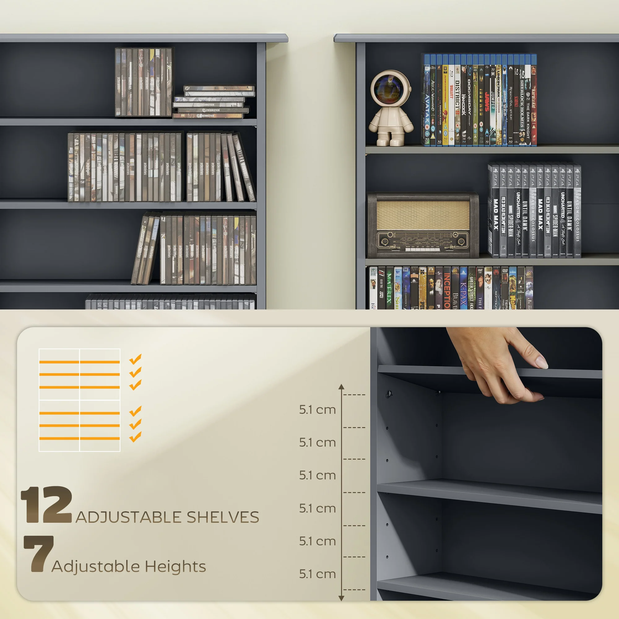 HOMCOM CD Storage Unit DVD Tower Blu-ray Storage Shelf for Office, Grey - Image 4
