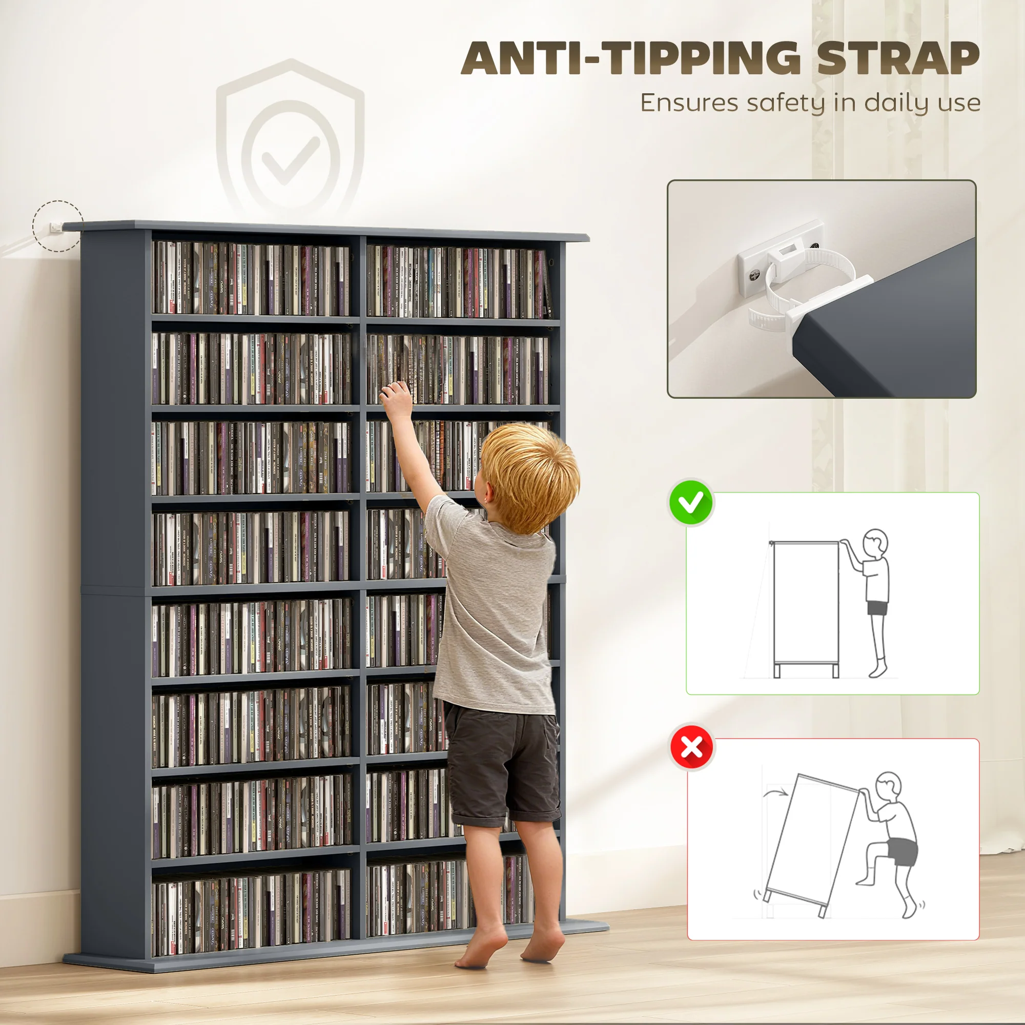 HOMCOM CD Storage Unit DVD Tower Blu-ray Storage Shelf for Office, Grey - Image 6