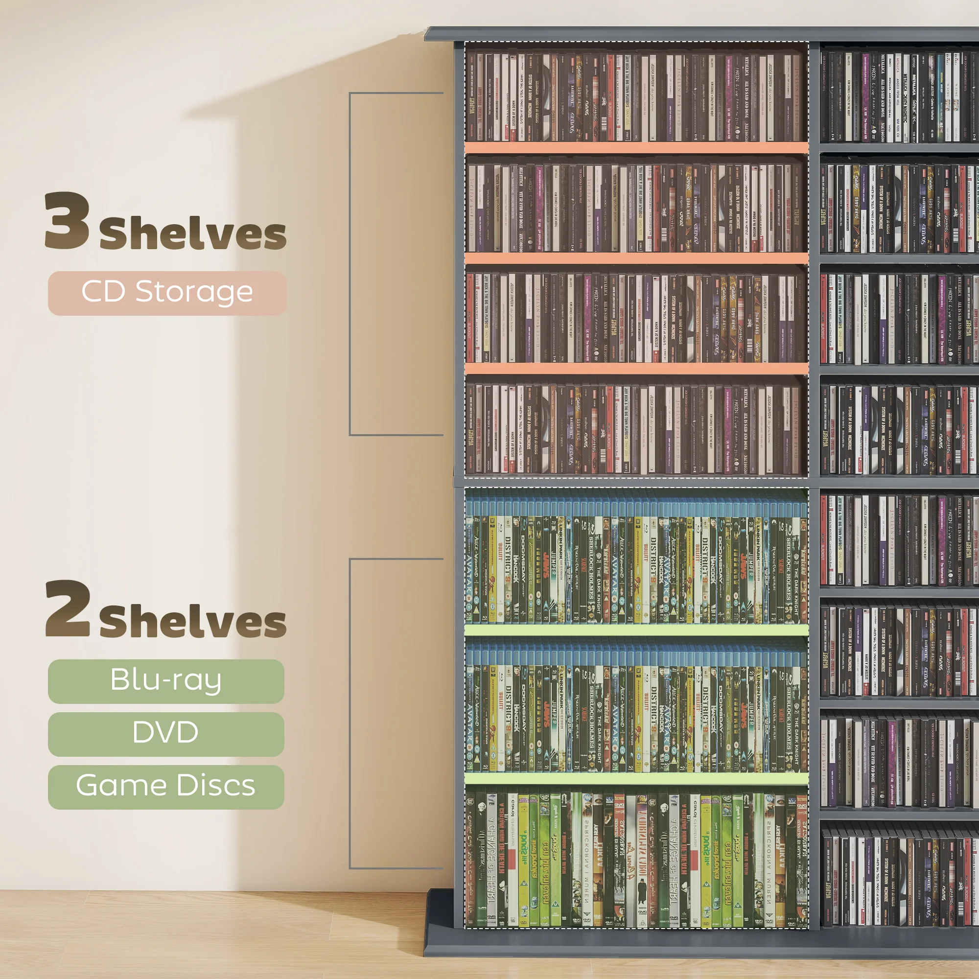 HOMCOM CD Storage Unit DVD Tower Blu-ray Storage Shelf for Office, Grey - Image 8