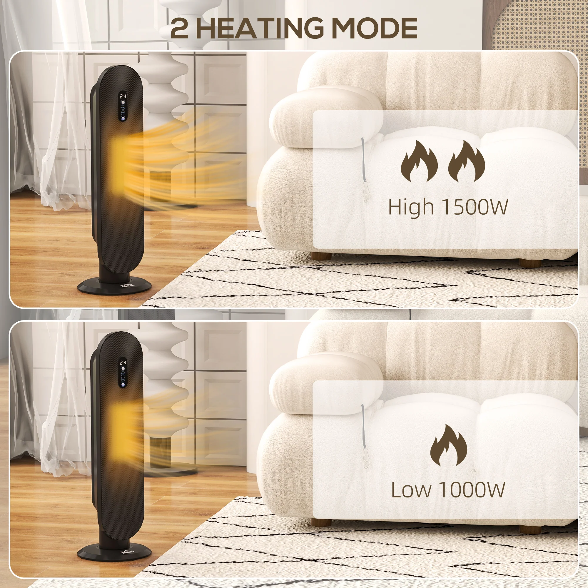 HOMCOM Ceramic Space Heater Tower Heater W/ 45° Oscillation, Black - Image 9