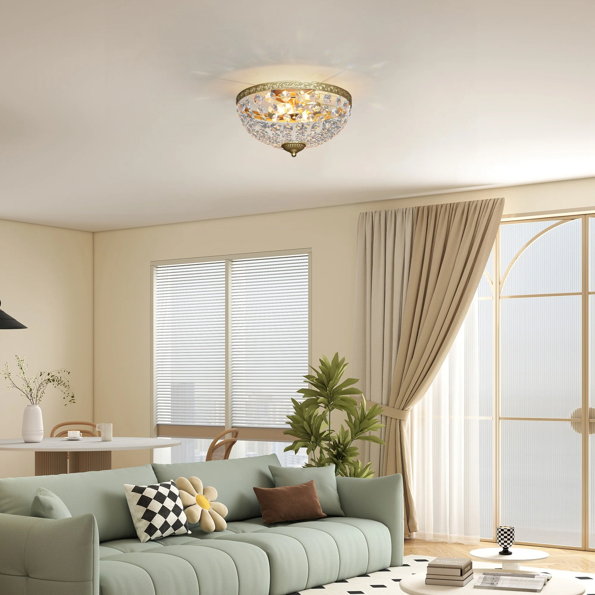 HOMCOM Chandelier Crystal Ceiling Light With E14 Base 2-Lights, Gold - Image 2