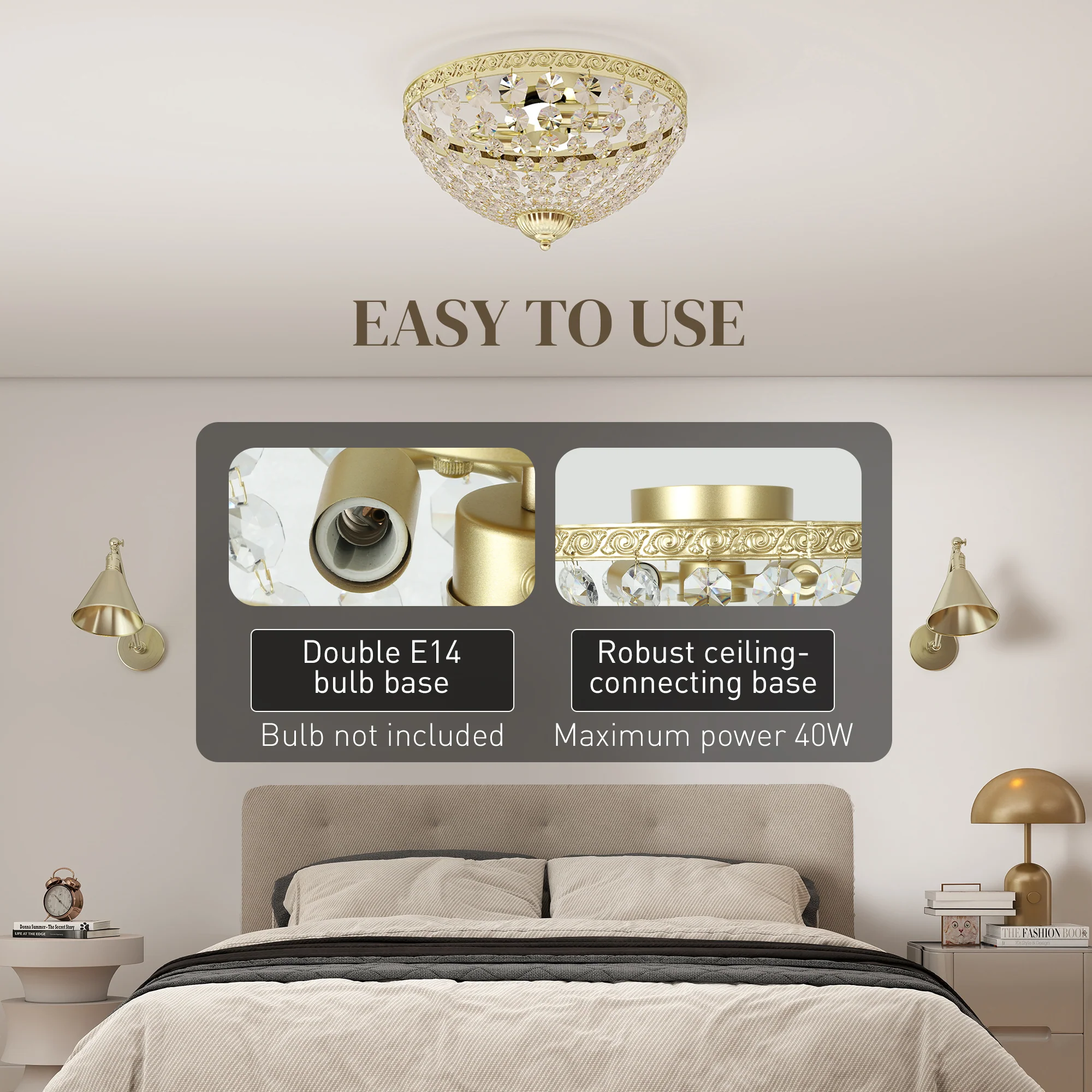 HOMCOM Chandelier Crystal Ceiling Light With E14 Base 2-Lights, Gold - Image 4